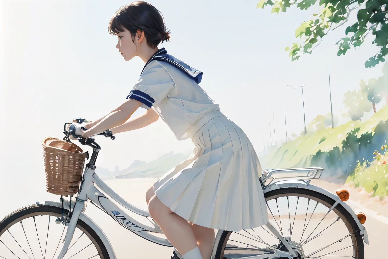 (highest quality、masterpiece)、((A girl gets off her bike and pushes it、alone、whole))、(From the side)、(Cute Face)、short hair、White Sailor Suit、uniform、Long skirt、Pleated skirt、shoes、(No background)、((White Background))、Blur the background、(Watercolor of singer Sargent)、Impressionist style painting、