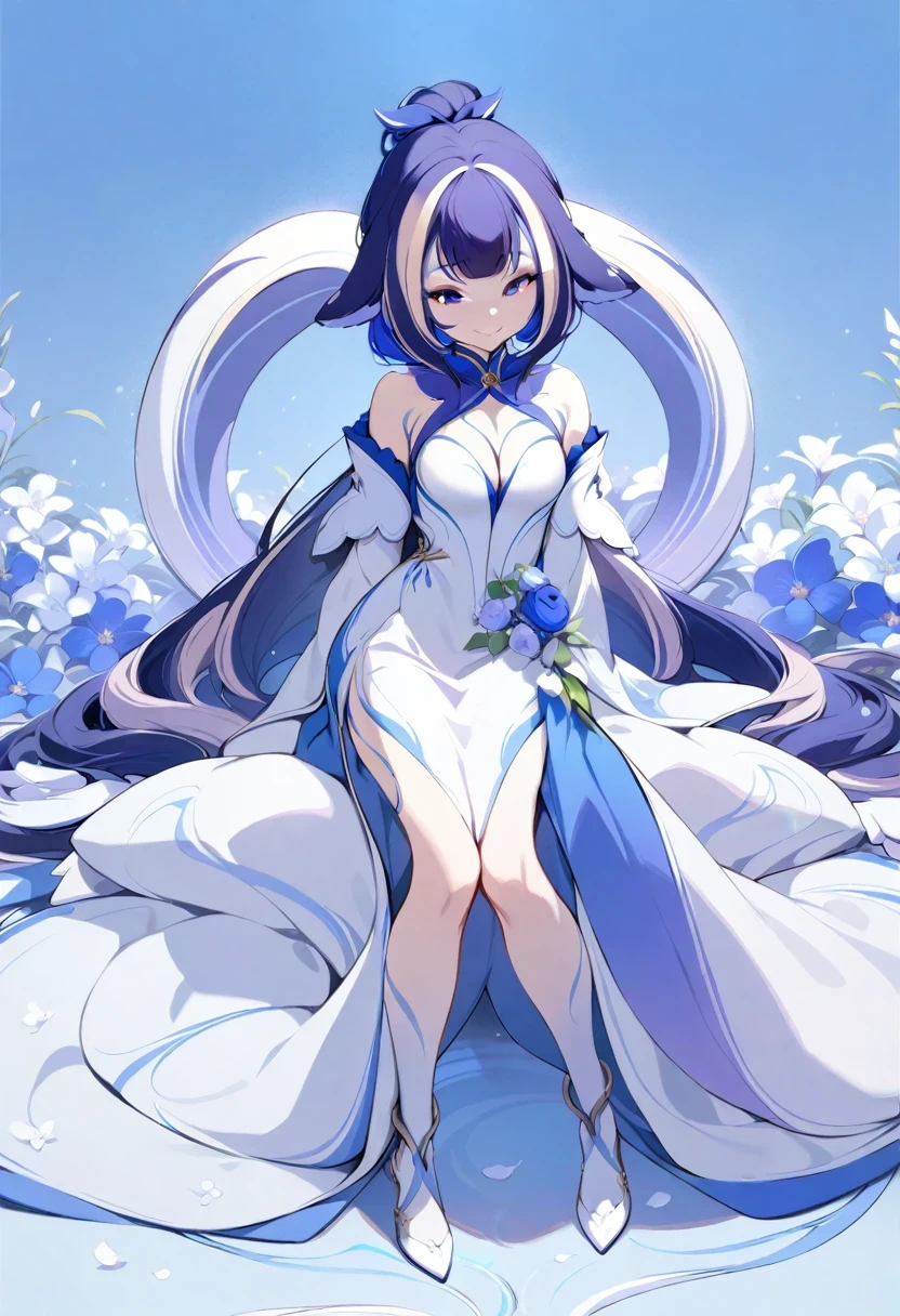 (shylily/(Twich/):1.5),(masterpiece:1.2),(best quality:1.2),Miss, Long hair tied into a low ponytail, pale eyes, White combat dress with silver details and flowers, modernity, A calm smile, full length