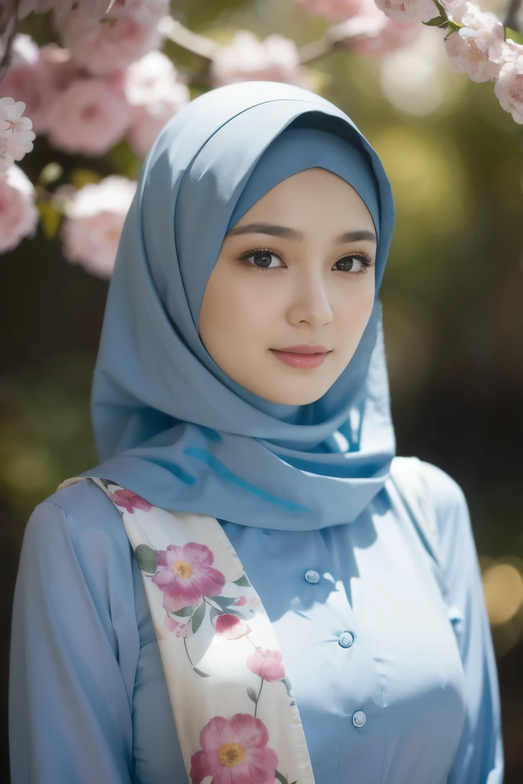 (((high detailed skin,visible pores))), dreamlike, (ulzzang-6500-v1.1:0.5),pureerosface_v1:0.2, face close-up, 1 girl, tall body, slim faces, body abs:1.2, Luna Maya, 30 years old, blushing, hijab ( the hijab covered the hair ), (8K, raw photo, highest quality, flying fragments: 1.2), (reality, realita: 1.4), sharp focus on something big, slim faces, medium breasts, shy smile, visible pores, cinematic lighting, bright light, eye beauty details, shiny and smooth skin, red lipstick, shiny skin, super dense skin, high resolution, complicated hijab, detailed style, detailed beauty face, very realistic, perfect body parts, perfect anatomy, 1 Japanese girl, famous Japanese idol, perfect female body, beautiful eyes, short eyelashes, double eyelids, look straight towards here, wearing white scrunchie, wearing a long dusty blue Malay gamis, walking, standing upright and facing me, so the whole body can be seen, autumn season, abaya clothes, looking straight at me, wearing a scarf, view of the flowers garden, brick road, focus look at me