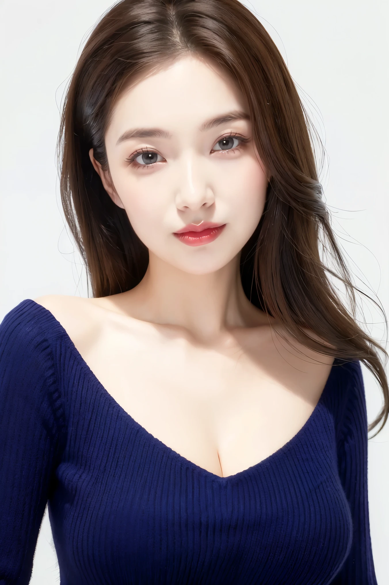 (highest quality、Tabletop、8k、Best image quality、Award-winning works)、One beautiful woman、Beautiful elegant long hair、(alone:1.1)、(The perfect navy fluffy V-neck long sleeve knit:1.5)、(Fluffy navy V-neck knit:1.5)、(The simplest white background:1.4)、とてもLarge Breasts、Accentuate your body lines、Beautiful and detailed、Look at me、(Perfect Makeup:1.1)、Bright lipstick、Ultra-high definition beauty face、Ultra HD Hair、Ultra-high definition sparkling eyes、Ultra High Resolution Perfect Teeth、Ultra-high quality glossy lips、Accurate anatomy、Very beautiful skin、Glowing skin in ultra-high resolution、Elegant upright posture when viewed from the front、(Very bright and vivid:1.2)、(Slender body:1.2)、(Cleavage:1.1)、(Large Breasts:1.1)、Shiny, vibrant lipstick、(Close-up of face:1.2)、(50 year old beauty:1.3)