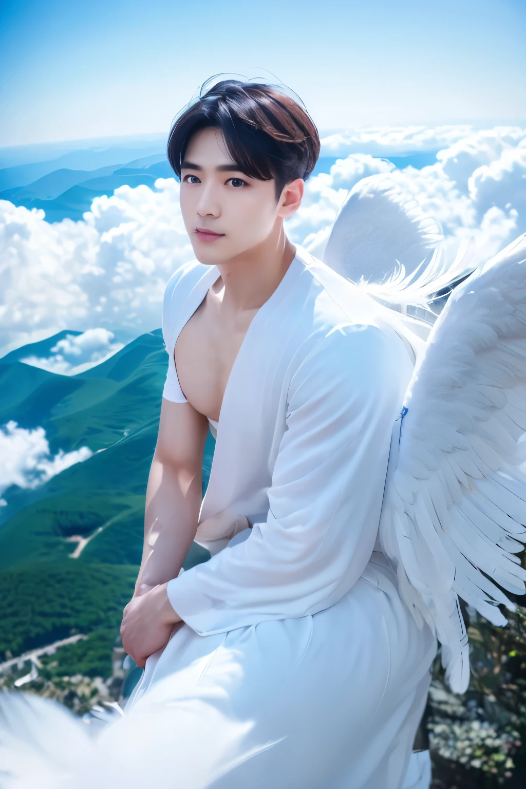 handsome male,muscular,detail eyes,wet,blessedtech,blessed,aura,wings,head wings, ultra realism , ultra photorealism ,  micro string thongs , ((unrealistic wide hips , unrealistic wide pelvis))