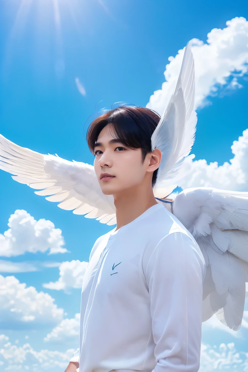 (((masterpiece、high resolution、high quality、Ultra-high resolution、Delicate、sunlight)))1 male、Full Body Shot、Black short hair、White ring on head:1.5、Dense lips、((Angel、White Wings、White Feather))、Above the Clouds、blue sky、Floating、太陽のsunlight