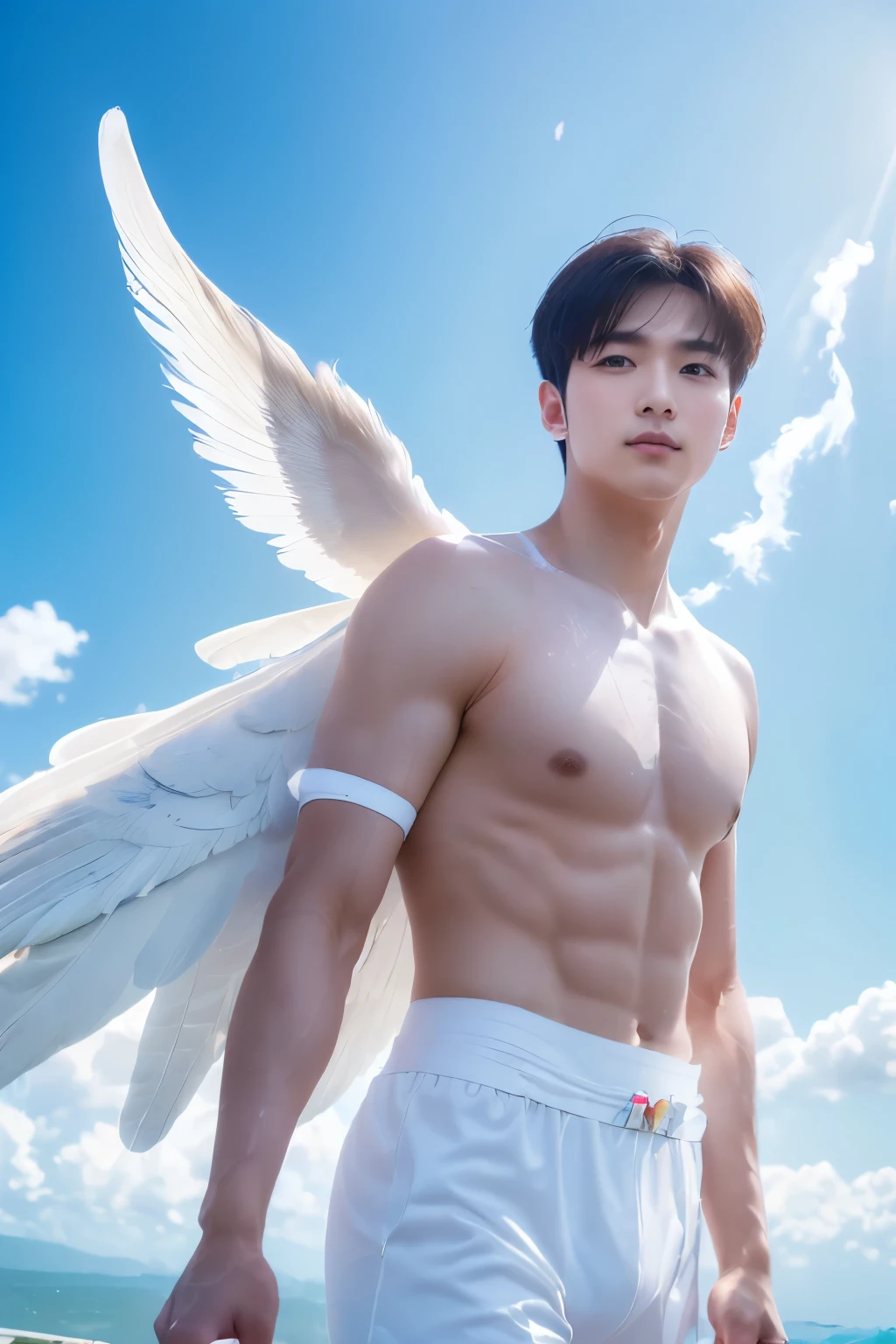 (((masterpiece、high resolution、high quality、Ultra-high resolution、Delicate、sunlight)))1 male、Full Body Shot、Black short hair、White ring on head:1.5、Dense lips、((Angel、White Wings、White Feather))、Above the Clouds、blue sky、Floating、太陽のsunlight