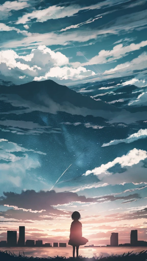 anime,silhouette,1girl, cloud, outdoors, skyscraper, city lights, blue sky, skyline,morning,waking,In nature,Mountain,Couple,Black and white only