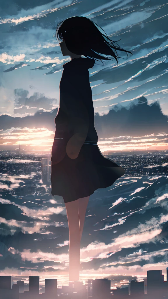 anime,silhouette,1girl, cloud, outdoors, skyscraper, city lights, blue sky, skyline,morning,waking,In nature,Mountain,Couple,Black and white only
