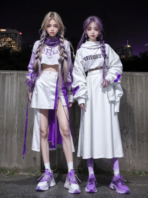 highest quality, Very detailed, masterpiece, Two women posing,(((Perfect female body))),Very beautiful face, Very beautiful body,Gentle expression, Very beautiful eyes,(Perfect Makeup:1.1),Blowing in the wind,Fashion Model,Cyberpunk Fashion,Curly Hair,Shaggy Hair,(Very long braided hair dyed white and purple: 1.5), very thin body,Smart Abs,,(Fractal Gradient:1.3),Tech See-Through Jacket,Monogrammed long skirt,anklet,Two-tone high-top sneakers,A kind smile,Full body portrait,(Night in Cyber City), (Shiny skin),(Earrings),Long scarf with elegant pattern,Neon long shawl,