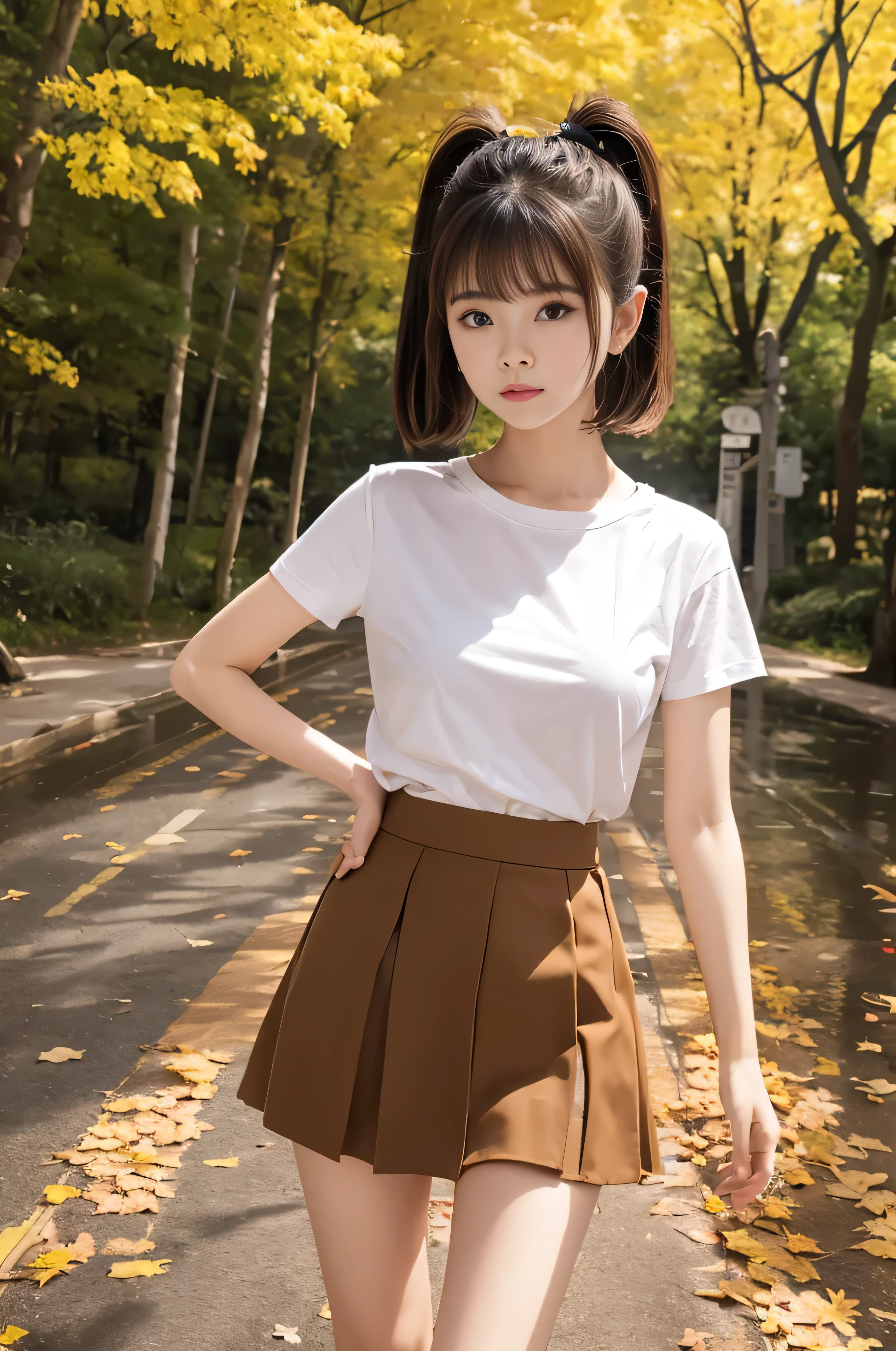 young，(mini skirt)，T-Shirts， Girls，Delicate body， body，Delicate body，short，Black-haired，Twin tails，ponytail，Masseter muscle area、sottle Woman、shortcut、Natural color clothes、Natural look、highest quality、Ultra-detailed、High quality details、８ｋ、autumn leaves:1.5、deep autumn forest、Tree leaking day、silence