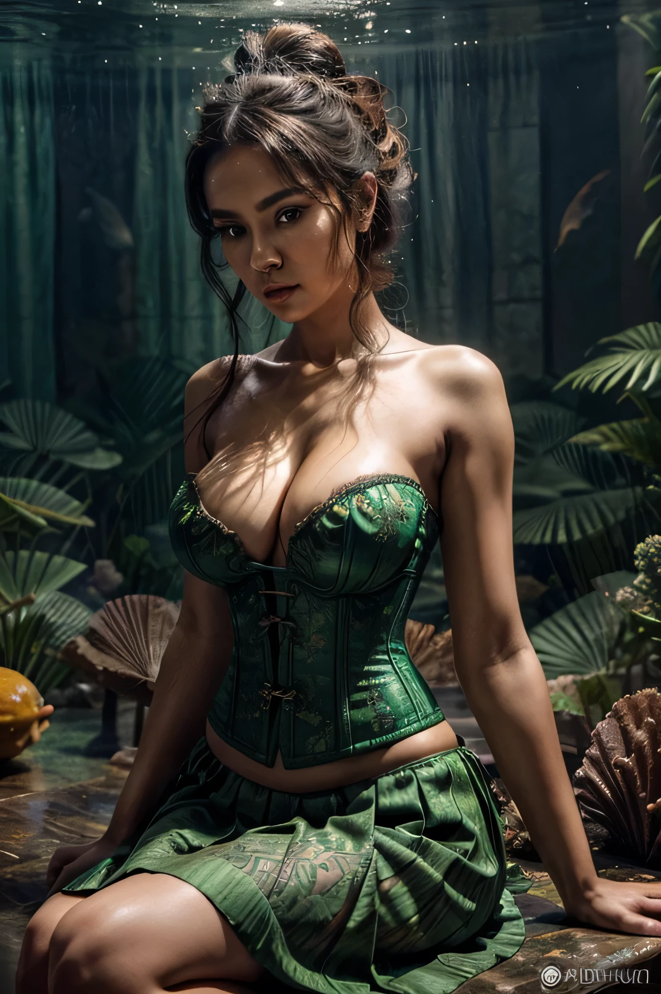 4D realistic photo, Nyi Roro Kidul is wearing a luxurious tight green kebaya, luxurious bustier corset, long tight batik skirt and bun hair, slim waist, proportional body, sitting on her throne under the sea, her aura is like the aura of a queen, makes the image look tense when angry, masterpiece, hyperdetail, 8k, ambient effect, digital effect, (((nsfw))),(show breasts), (show cleavage)