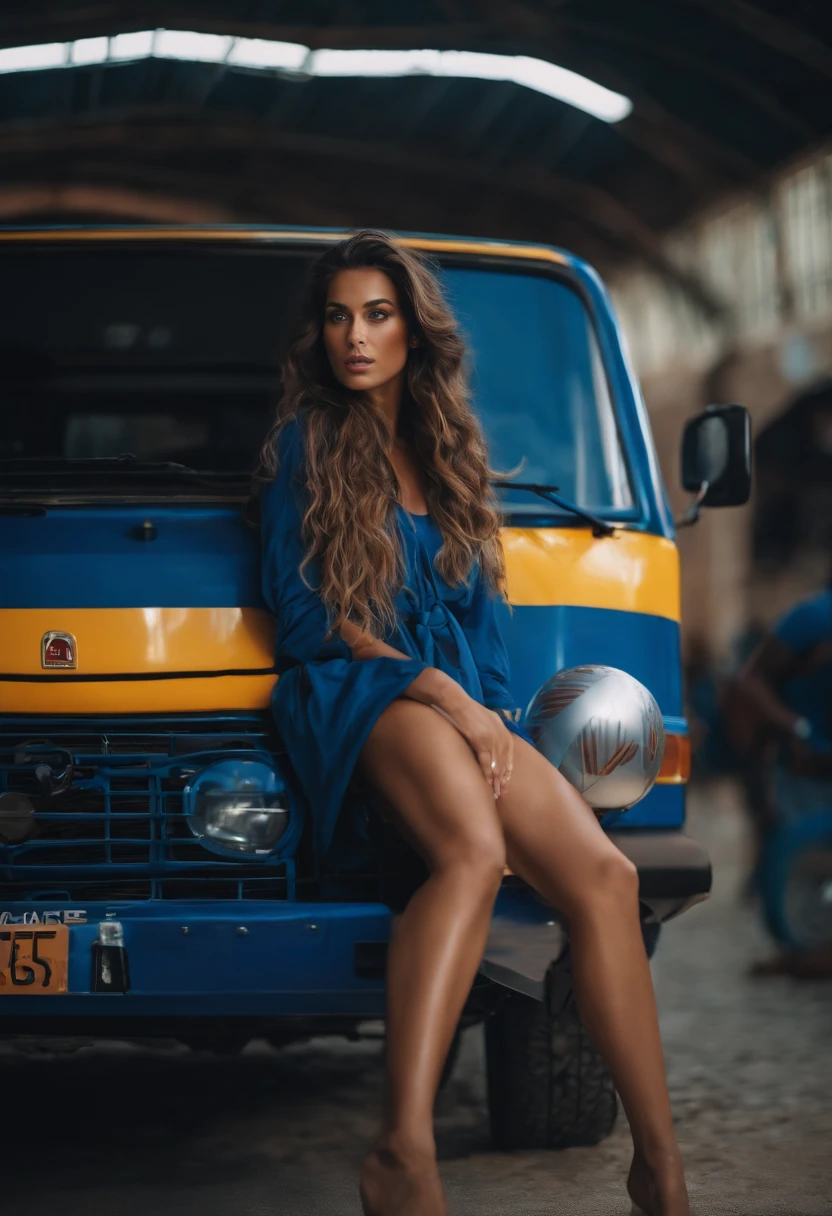 Un avec de longs cheveux bruns,yeux bleu , porter un maillot de volley-ball bleu, avec une longue frange à la bouche debout devant une voiture