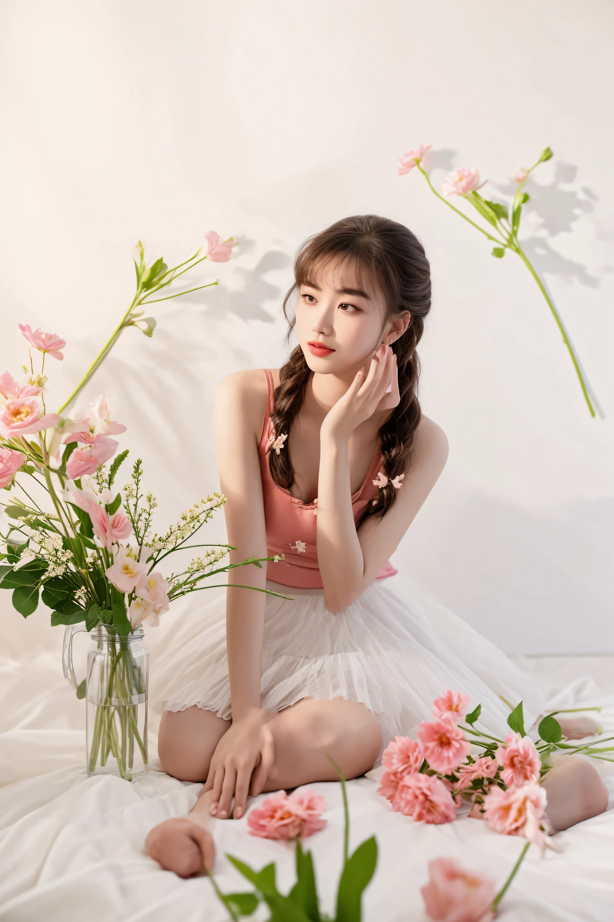 there is a woman sitting on a bed avec des fleurs in the background, avec des fleurs, sitting avec des fleurs, shot with the canon eoa 6 d mark ii, une jolie jeune femme, prise avec canon eos 5 d mark iv, shot with a canon eos r5, shot with a canon eos r 5, sakimichan, Captured on Canon EOS R 6