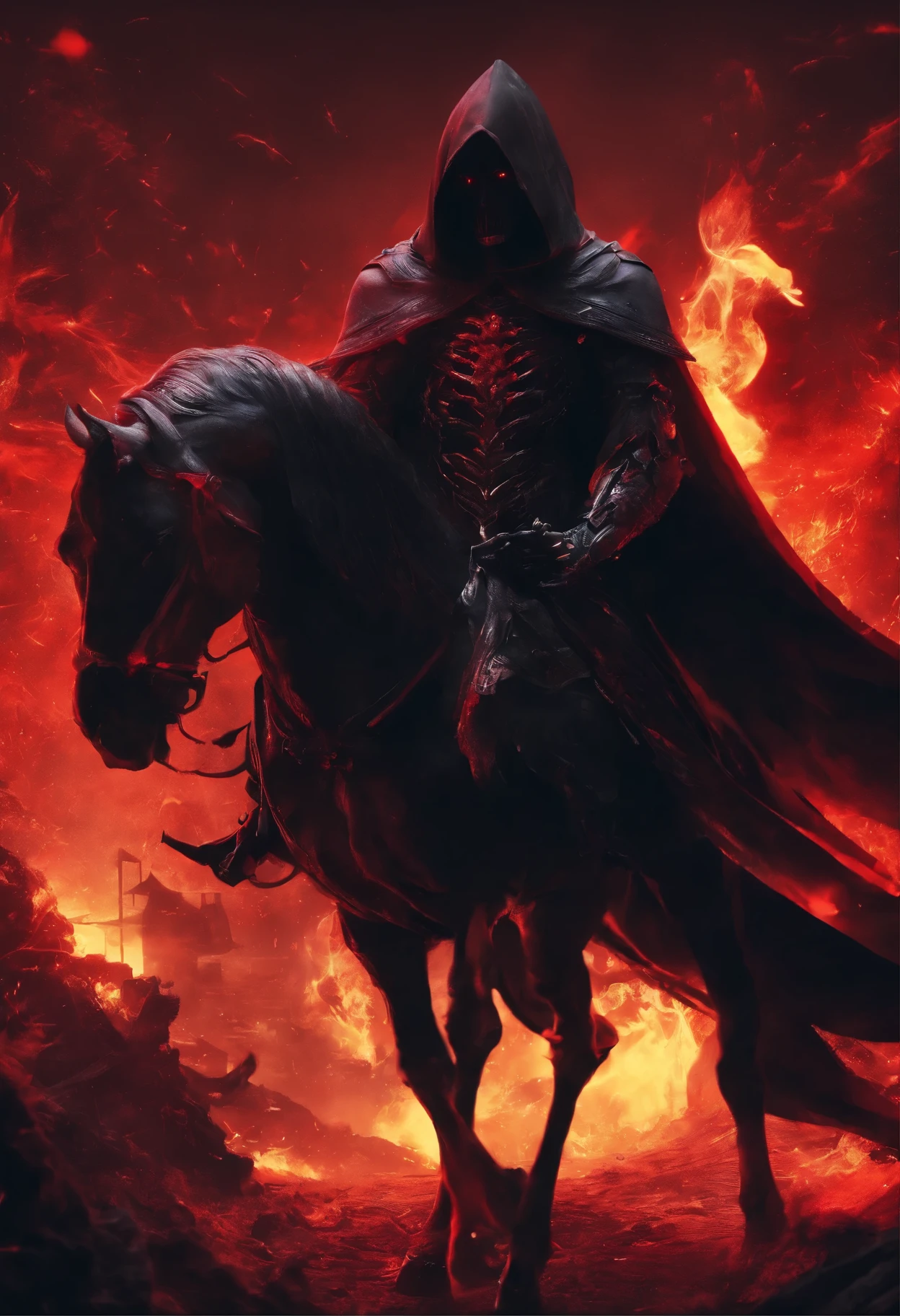 (ultra-detailed CG unit 8k wallpaper, Master parts, Best quality, depth of fields, hdr, complex), Tall, The sinister Dark Assassin wears red eyes mask，((grim reaper)), Bright red eyes，Light and dark armor，Behind him，He wears a low-key red cloak。，Holding a sharp dagger in his arms，Step into the burning village, (complex: 1.4) (Master parts: 1.4) (illustration: 1.4), Red studio lighting, Post-processing, 8K resolution, deep dark background, imponent, Well-composed photos, Impressive, dark fantacy (director: greg rutkovsky: 1.2), (darken: 1.5)（multiple persons:1.5, ride a evil horse, zombie horse, red eyes