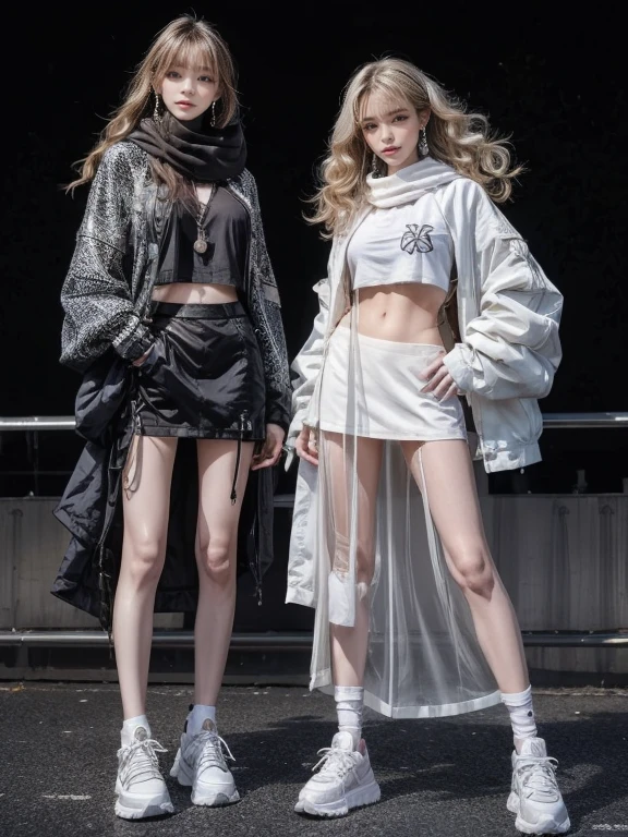 highest quality, Very detailed, masterpiece, Two women posing,(((Perfect female body))),Very beautiful face, Very beautiful body,Gentle expression, Very beautiful eyes,(Perfect Makeup:1.1),Blowing in the Wind,Fashion Model,Cyberpunk Fashion,Curly Hair,Shaggy Hair,Very long hair,Grey Hair,Double Knit, very thin body,Smart Abs,,(Fractal Gradient:1.3),Tech See-Through Jacket,Monogrammed long skirt,anklet,Two-tone high-top sneakers,A kind smile,Full body portrait,(Night in Cyber City), (Shiny skin),(Earrings),Long scarf with elegant pattern,Neon long shawl,