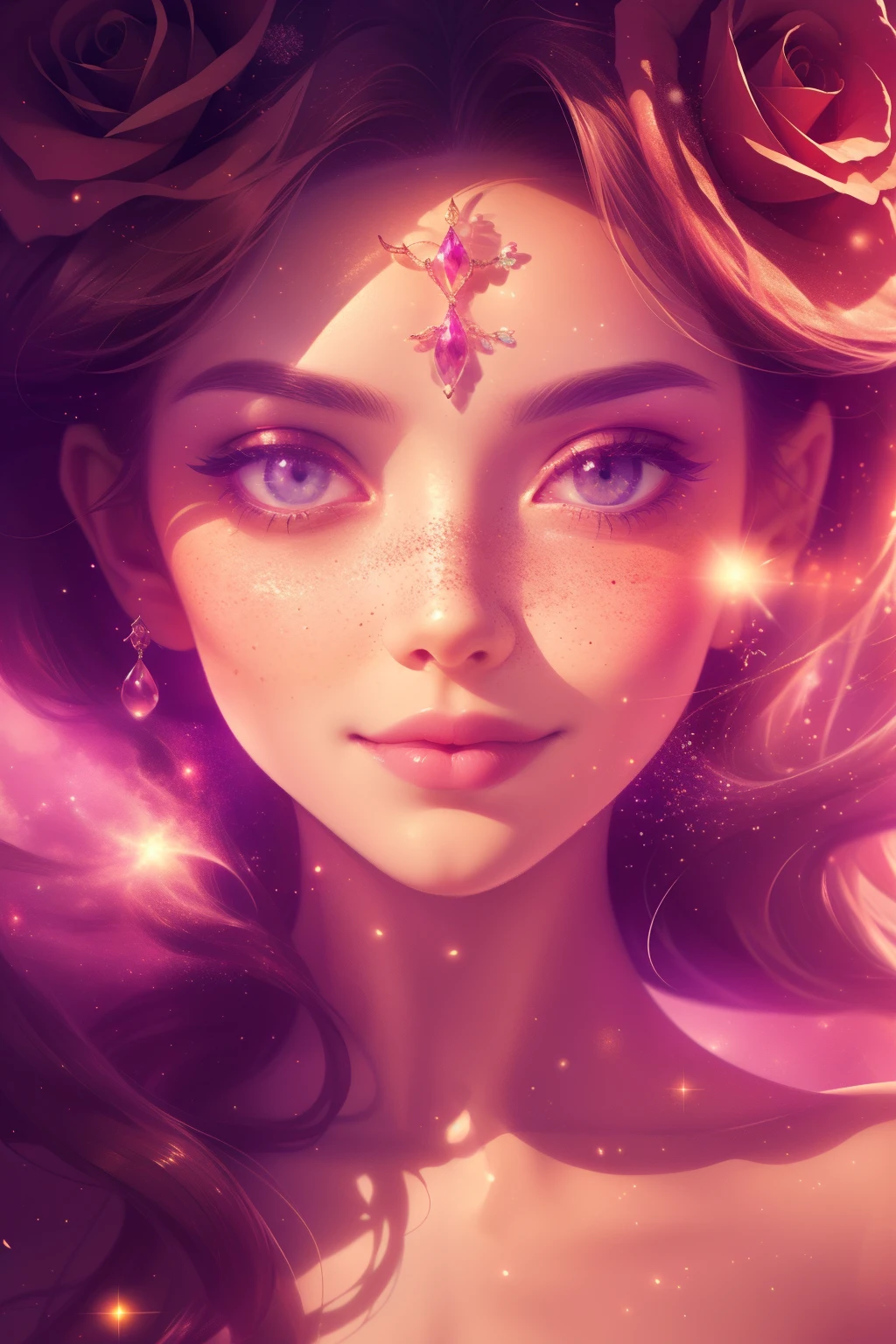 (This is a beautiful, intricate, (romatic) fantasy image that emphasizes beauty and grace.) Generate a blind curvy woman with soft natural freckles. Her face is important and should be (perfectly formed) with (beautiful puffy lips) and (perfect features). There is a cute freckle birthmark on her lip. The image exudes ethereal beauty and soft fantasy, with shimmering shades of pink throughout. Surround her with eternal roses in shimmering shades. Ensure perfection in her face, hair, and eyes. Include sweet and detailed birds and soft, luminous flowers and detailed roses. Utilize dynamic composition and dramatic lighting and cinematic lighting to create an interesting fantasy image. The background of the image is interesting and ultra-detailed, with soft fantasy lighting and gradients. Include fantasy details, cute aura, colorful, colourful, and interesting magical background. The image's background is decorated in shades of pink, shimmer, glitter, and fantasy details like colored bubbles and cosmos. Include subtle freckles, natural freckles and a diffused realistic skin tone. Incorporate elements of high fantasy, whimsy, and detailed elegance. English rose, princess, courtesan, noblewoman, sweet, lovely, calm, lovely, shimmering, glimmering, glittering, astrological fantasy, (((masterpiece))), (highest quality), magic rose, fantasy garden, beautiful face, perfect face, puffy lips, interesting, shy smile, fantasy elements, magic rose, beautiful eyes, perfect puffy lips, jewel tones, luminosity. Taken with a canon camera.