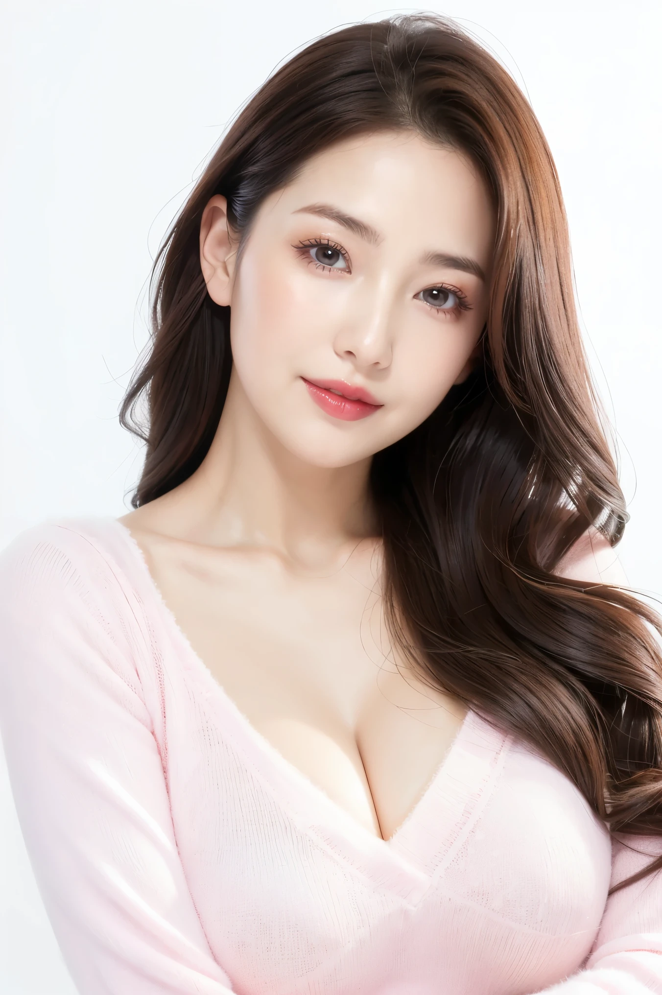 (highest quality、Tabletop、8k、Best image quality、Award-winning works)、One beautiful woman、Beautiful elegant long hair、(alone:1.1)、(Perfect pink fluffy V-neck long sleeve knit:1.4)、(Fluffy V-neck knit:1.4)、(The simplest white background:1.4)、Very large breasts、Accentuate your body lines、Beautiful and detailed、Look at me、(Perfect Makeup:1.1)、Bright lipstick、Ultra-high definition beauty face、Ultra HD Hair、Ultra-high definition sparkling eyes、Ultra High Resolution Perfect Teeth、Ultra-high quality glossy lips、Accurate anatomy、Very beautiful skin、Glowing skin in ultra-high resolution、Elegant upright posture when viewed from the front、(Very bright and vivid:1.2)、(Voluptuous body:1.2)、(Cleavage:1.1)、Shiny, vibrant lipstick、(Close-up of face:1.2)