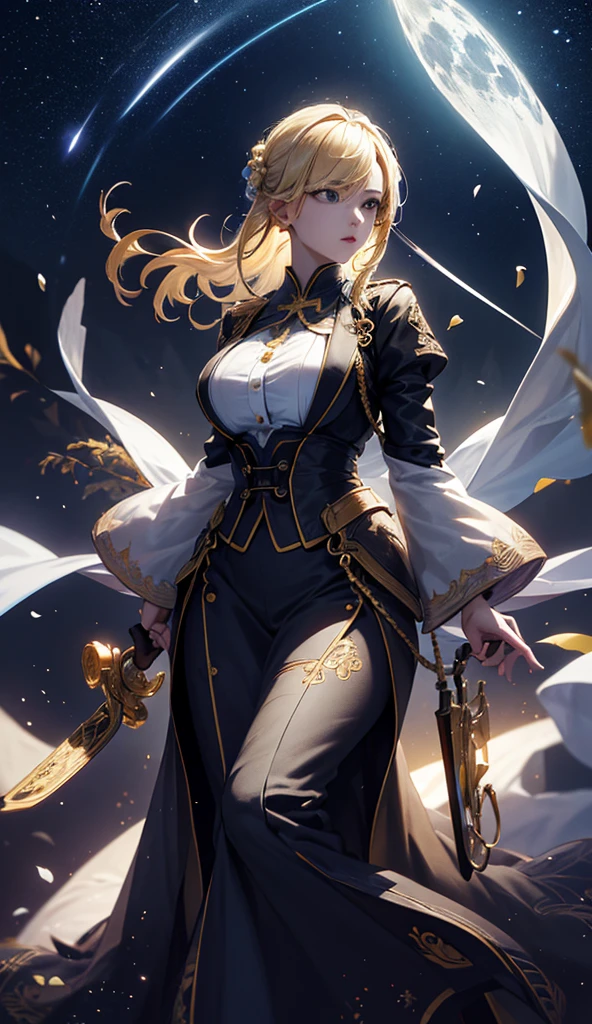 masterpiece, high quality, 4K, Beautiful design, silhouette，blonde， 非常に詳細な夜のStarry Sky,Flower Field， wonderful, Finer details,  Very knowledgeable woman, Highly detailed solo, 1 female,Big Breasts，uniform，Night view，Starry Sky，full moon，