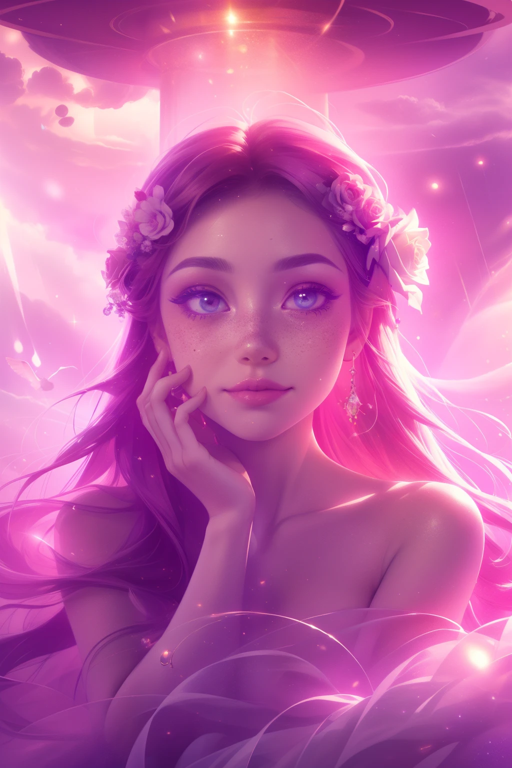 (This is a beautiful, intricate, (romatic) fantasy image that emphasizes beauty and grace.) Generate a blind curvy woman with soft natural freckles. Her face is important and should be (perfectly formed) with (beautiful puffy lips) and (perfect features). There is a cute freckle birthmark on her lip. The image exudes ethereal beauty and soft fantasy, with shimmering shades of pink throughout. Surround her with eternal roses in shimmering shades. Ensure perfection in her face, hair, and eyes. Include sweet and detailed birds and soft, luminous flowers and detailed roses. Utilize dynamic composition and dramatic lighting and cinematic lighting to create an interesting fantasy image. The background of the image is interesting and ultra-detailed, with soft fantasy lighting and gradients. Include fantasy details, cute aura, colorful, colourful, and interesting magical background. The image's background is decorated in shades of pink, shimmer, glitter, and fantasy details like colored bubbles and cosmos. Include subtle freckles, natural freckles and a diffused realistic skin tone. Incorporate elements of high fantasy, whimsy, and detailed elegance. English rose, princess, courtesan, noblewoman, sweet, lovely, calm, lovely, shimmering, glimmering, glittering, astrological fantasy, (((masterpiece))), (highest quality), magic rose, fantasy garden, beautiful face, perfect face, puffy lips, interesting, shy smile, fantasy elements, magic rose, beautiful eyes, perfect puffy lips, jewel tones, luminosity. Taken with a canon camera.