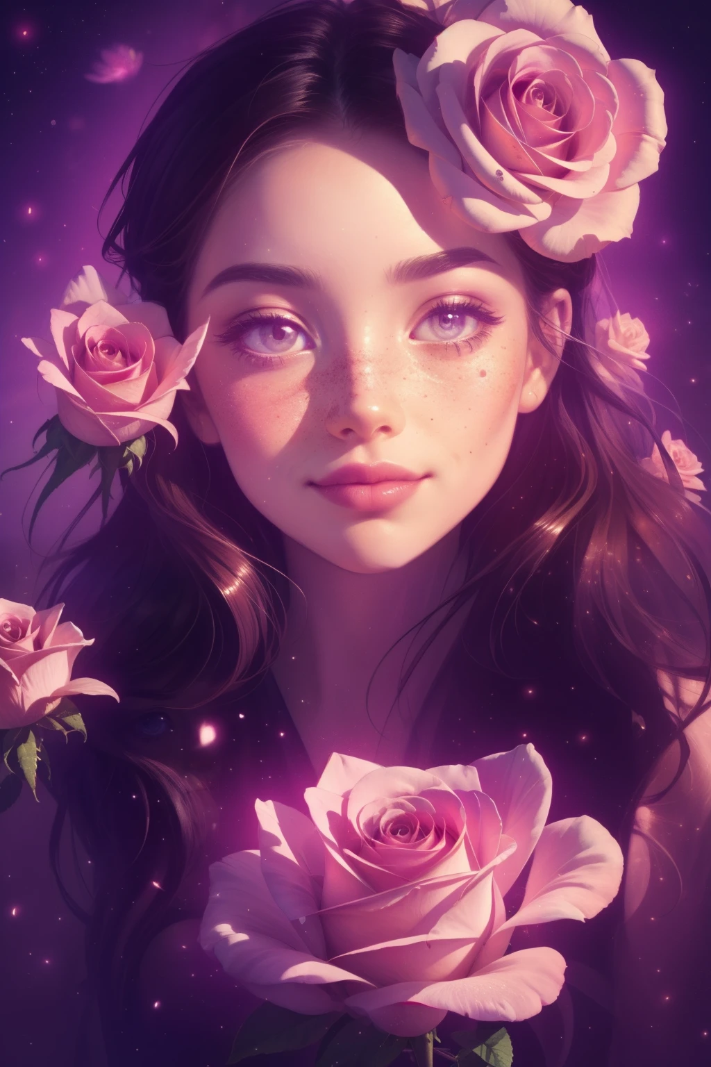 (This is a beautiful, intricate, (romatic) fantasy image that emphasizes beauty and grace.) Generate a blind curvy woman with soft natural freckles. Her face is important and should be (perfectly formed) with (beautiful puffy lips) and (perfect features). There is a cute freckle birthmark on her lip. The image exudes ethereal beauty and soft fantasy, with shimmering shades of pink throughout. Surround her with eternal roses in shimmering shades. Ensure perfection in her face, hair, and eyes. Include sweet and detailed birds and soft, luminous flowers and detailed roses. Utilize dynamic composition and dramatic lighting and cinematic lighting to create an interesting fantasy image. The background of the image is interesting and ultra-detailed, with soft fantasy lighting and gradients. Include fantasy details, cute aura, colorful, colourful, and interesting magical background. The image's background is decorated in shades of pink, shimmer, glitter, and fantasy details like colored bubbles and cosmos. Include subtle freckles, natural freckles and a diffused realistic skin tone. Incorporate elements of high fantasy, whimsy, and detailed elegance. English rose, princess, courtesan, noblewoman, sweet, lovely, calm, lovely, shimmering, glimmering, glittering, astrological fantasy, (((masterpiece))), (highest quality), magic rose, fantasy garden, beautiful face, perfect face, puffy lips, interesting, shy smile, fantasy elements, magic rose, beautiful eyes, perfect puffy lips, jewel tones, luminosity. Taken with a canon camera.