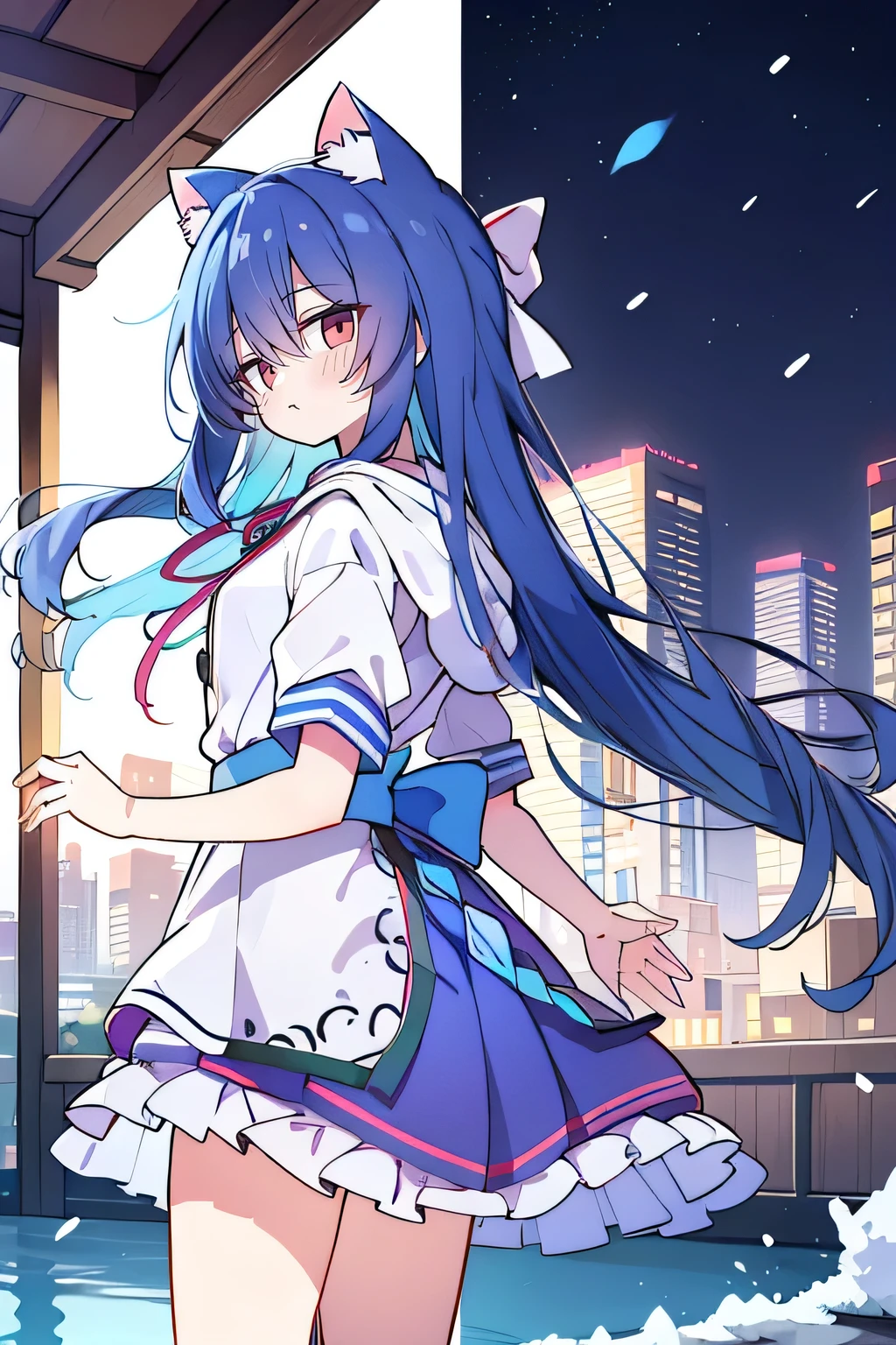 (masterpiece:1.2),Super detailed,lifelike,Expressive eyes,fair skin,perfect face shape,1 girl,
Japanese comics,Gorgeous blue hair,flowing blue hair,flowing clothes,Cat ears,Petals fall,beautiful lola,Baby Angel,
Shaking head with one hand,Cross your legs,Gentle and peaceful background,The pavilion is cool and comfortable,smile, wearing hoodie, background of tokyo,back views,snowing, winter,lie on the water.