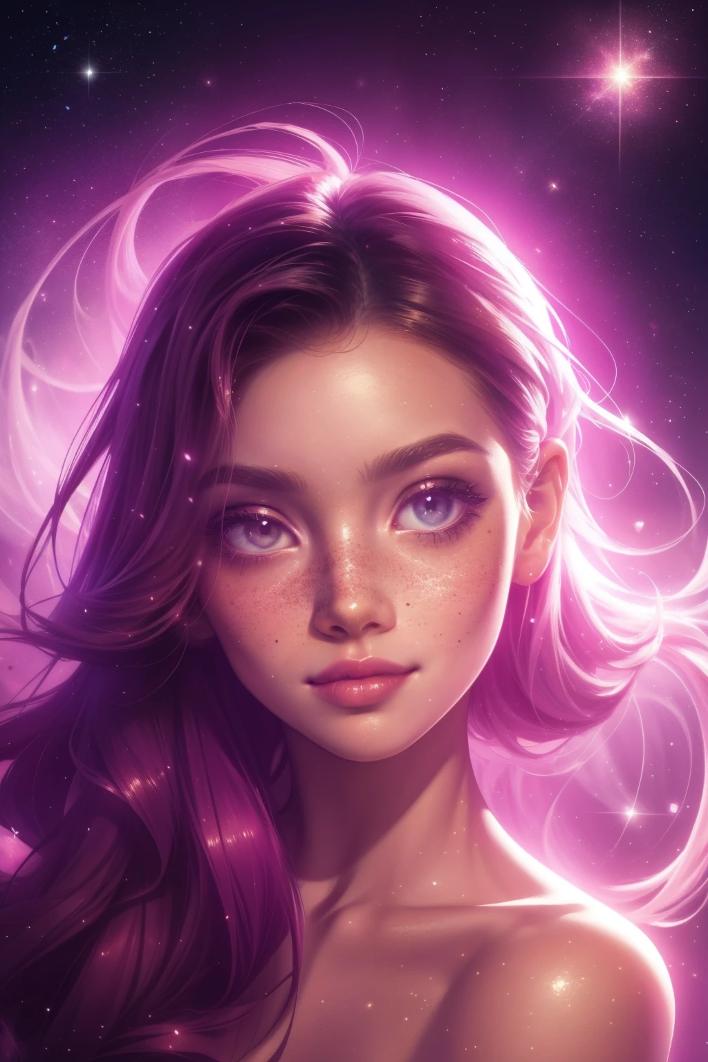 (This is a beautiful, intricate, (romatic) fantasy image that emphasizes beauty and grace.) Generate a blind curvy woman with soft natural freckles. Her face is important and should be (perfectly formed) with (beautiful puffy lips) and (perfect features). There is a cute freckle birthmark on her lip. The image exudes ethereal beauty and soft fantasy, with shimmering shades of pink throughout. Surround her with eternal roses in shimmering shades. Ensure perfection in her face, hair, and eyes. Include sweet and detailed birds and soft, luminous flowers and detailed roses. Utilize dynamic composition and dramatic lighting and cinematic lighting to create an interesting fantasy image. The background of the image is interesting and ultra-detailed, with soft fantasy lighting and gradients. Include fantasy details, cute aura, colorful, colourful, and interesting magical background. The image's background is decorated in shades of pink, shimmer, glitter, and fantasy details like colored bubbles and cosmos. Include subtle freckles, natural freckles and a diffused realistic skin tone. Incorporate elements of high fantasy, whimsy, and detailed elegance. English rose, princess, courtesan, noblewoman, sweet, lovely, calm, lovely, shimmering, glimmering, glittering, astrological fantasy, (((masterpiece))), (highest quality), magic rose, fantasy garden, beautiful face, perfect face, puffy lips, interesting, shy smile, fantasy elements, magic rose, beautiful eyes, perfect puffy lips, jewel tones, luminosity. Taken with a canon camera.