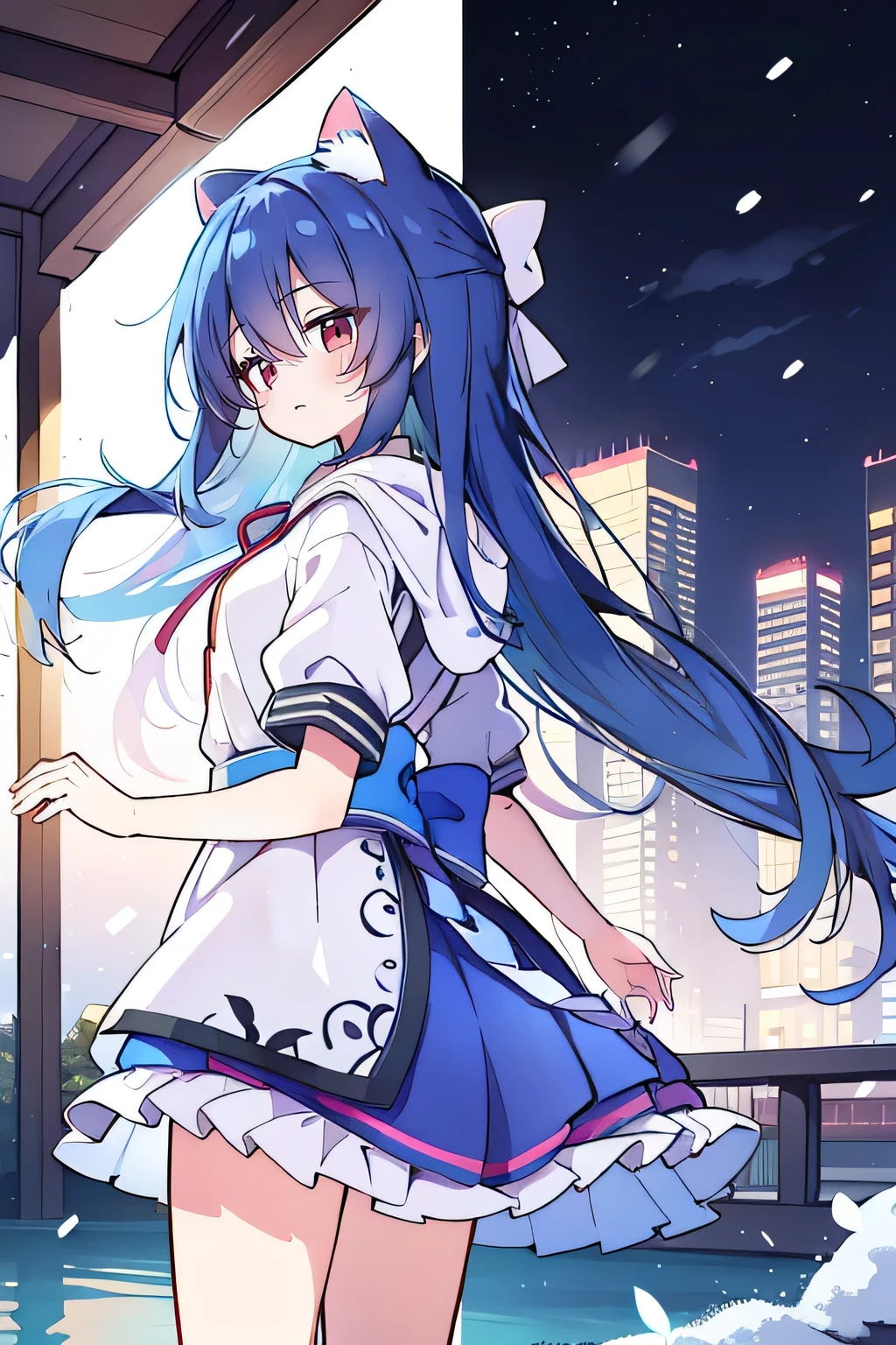 (masterpiece:1.2),Super detailed,lifelike,Expressive eyes,fair skin,perfect face shape,1 girl,
Japanese comics,Gorgeous blue hair,flowing blue hair,flowing clothes,Cat ears,Petals fall,beautiful lola,Baby Angel,
Shaking head with one hand,Cross your legs,Gentle and peaceful background,The pavilion is cool and comfortable,smile, wearing hoodie, background of tokyo,back views,snowing, winter,lie on the water.