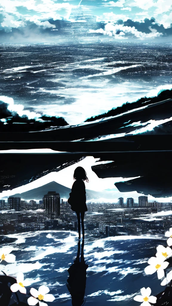 anime,silhouette,1girl, cloud, outdoors, skyscraper, city lights, blue sky, skyline,morning,waking,In nature,Mountain,Couple,Black and white only,The most interesting flower in the area