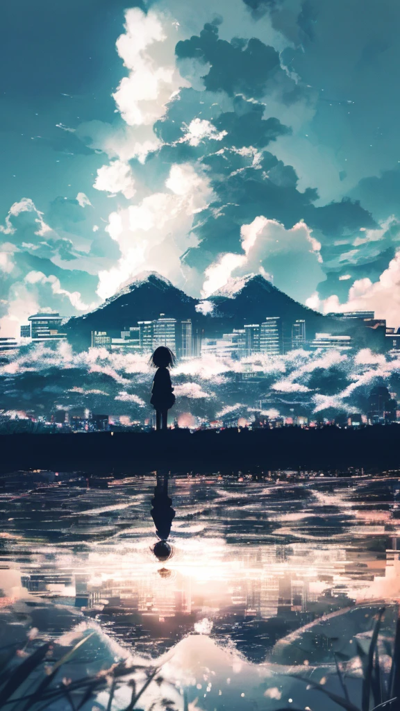 anime,silhouette,1girl, cloud, outdoors, skyscraper, city lights, blue sky, skyline,morning,waking,In nature,Mountain,Couple,Black and white only,The most interesting flower in the area