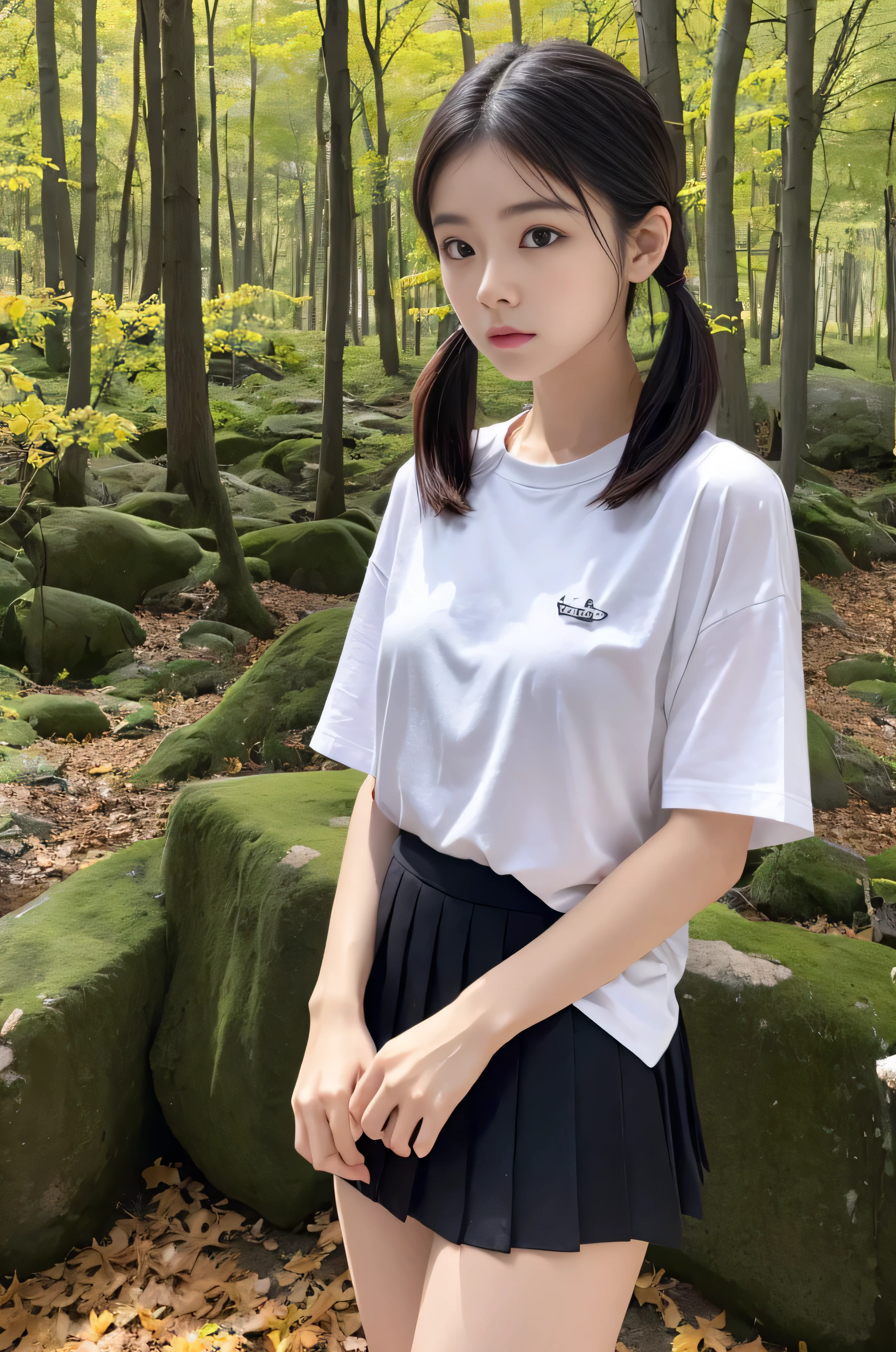 young,(mini skirt),T-Shirts,Teenage Girls,Delicate body, body,Delicate body,short,Black-haired,Twin tails,ponytail,Masseter muscle area、sottle Woman、shortcut、Natural color clothes、Natural look、highest quality、Ultra-detailed、High quality details、8k、autumn leaves:1.5、deep autumn forest、Tree leaking day、silence