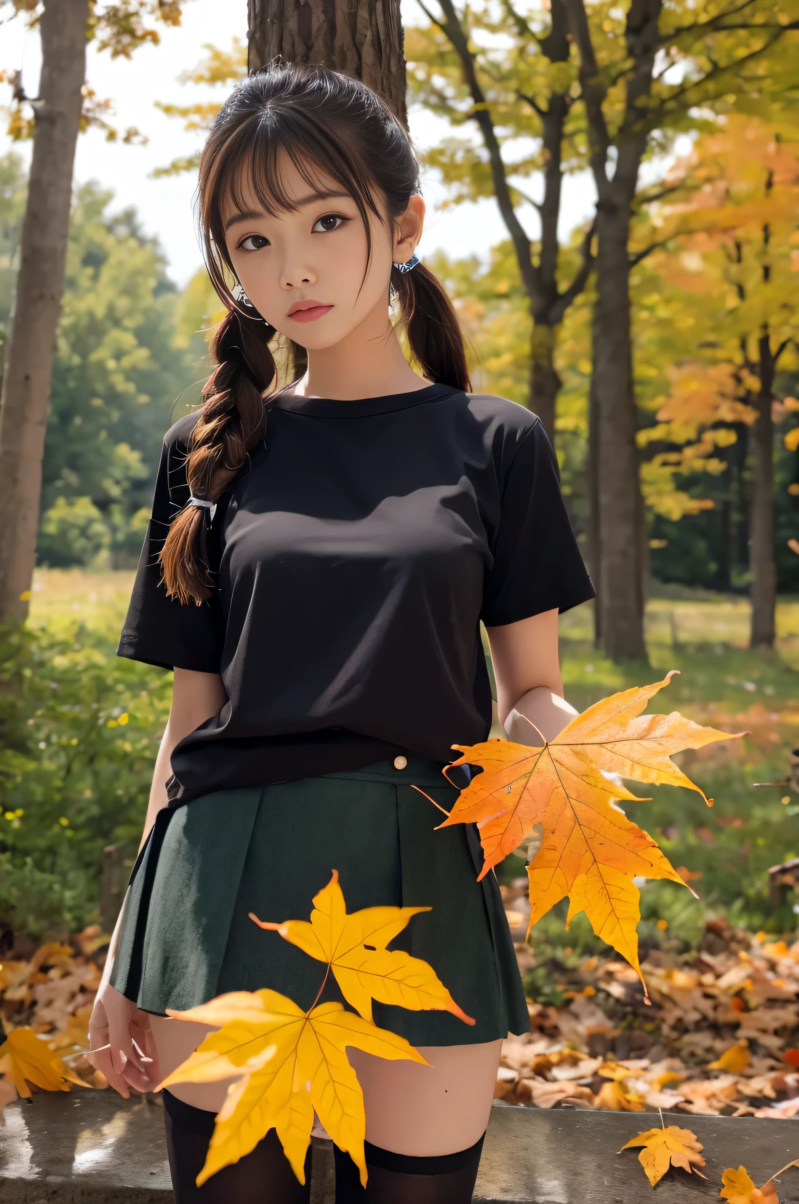 young，(mini skirt)，T-Shirts， Girls，Delicate body， body，Delicate body，short，Black-haired，Twin tails，ponytail，Masseter muscle area、sottle Woman、shortcut、Natural color clothes、Natural look、highest quality、Ultra-detailed、High quality details、８ｋ、autumn leaves:1.5、deep autumn forest、Tree leaking day、silence