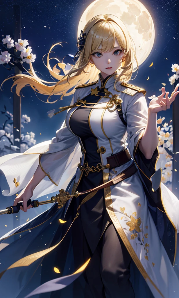 masterpiece, high quality, 4K, Beautiful design, silhouette,blonde, 非常に詳細な夜のStarry Sky,Flower Field, wonderful, Finer details, Very knowledgeable woman, Highly detailed solo, 1 female,Big Breasts,White uniform,Night view,Starry Sky,full moon,