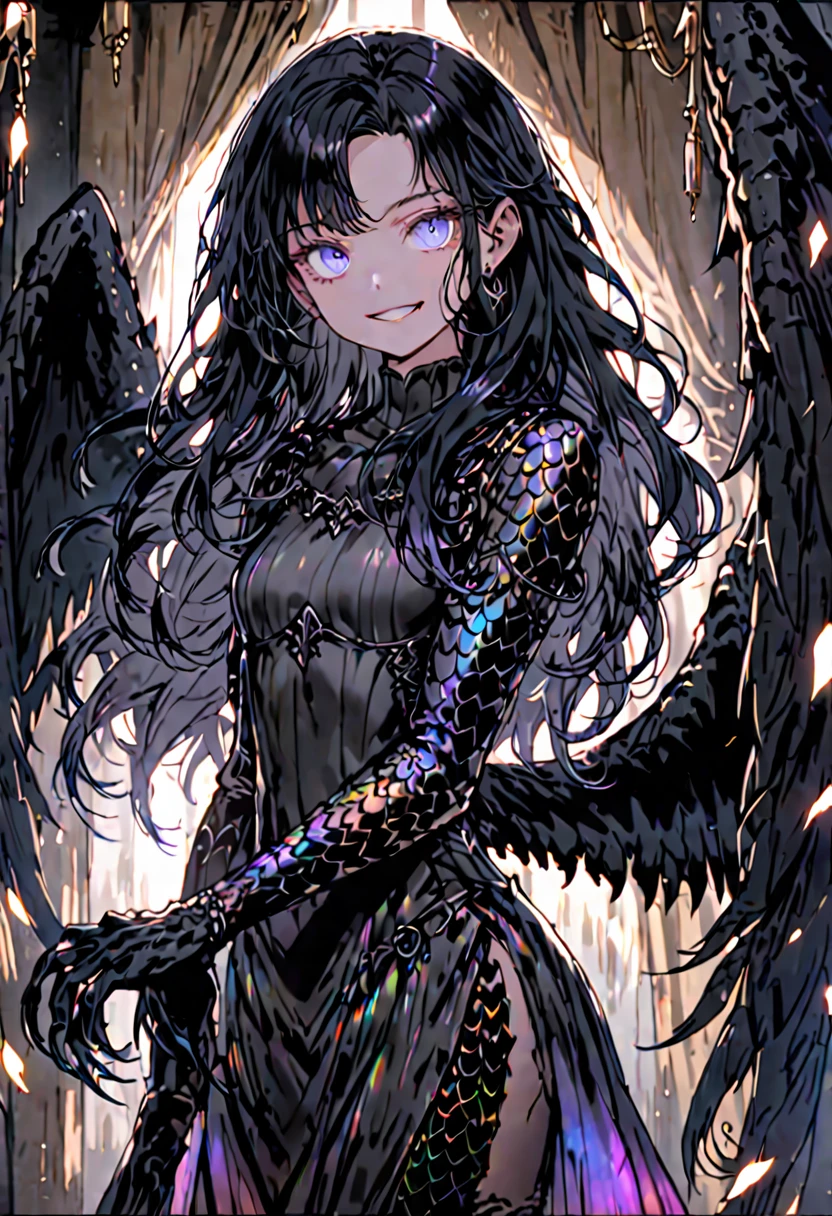 solo, female, sfw, medium shot, long hair, black hair, flowing hair, curly hair, piercing blue eyes, black claw hands, claws:1.3, black scales on forearms, harpy, lithe, large black wings, iridescent wings, athletic, wide smile, small breasts, warm, curtains, medieval, short girl, light leather armor, medium breasts