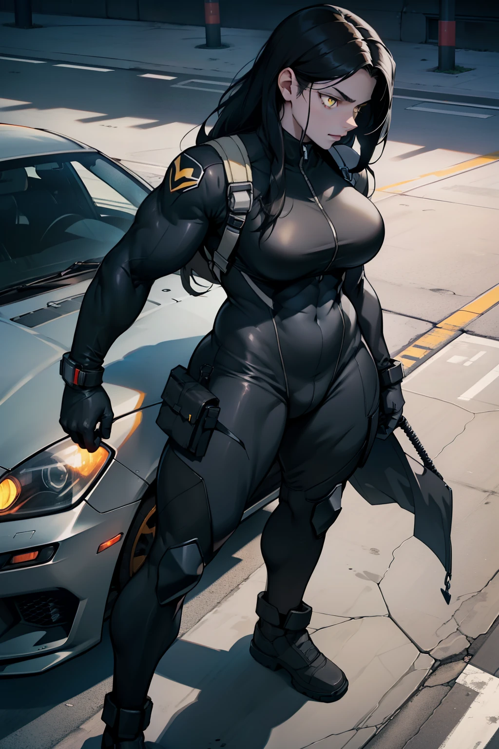 1 girl, black hair, yellow eyes, very long hair, pale skin, ((((extremely muscular)))), large breasts, curvy, concrete, shadow, dark atmosphere, (pilot suit), car