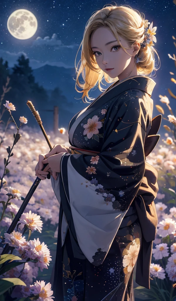 masterpiece, high quality, 4K, Beautiful design, silhouette，blonde， 非常に詳細な夜のStarry Sky,Flower Field， wonderful, Finer details,  Very knowledgeable woman, Highly detailed solo, 1 female,Beautiful Eyes，I like rumors，Big Breasts，kimono，Night view，Starry Sky，full moon，