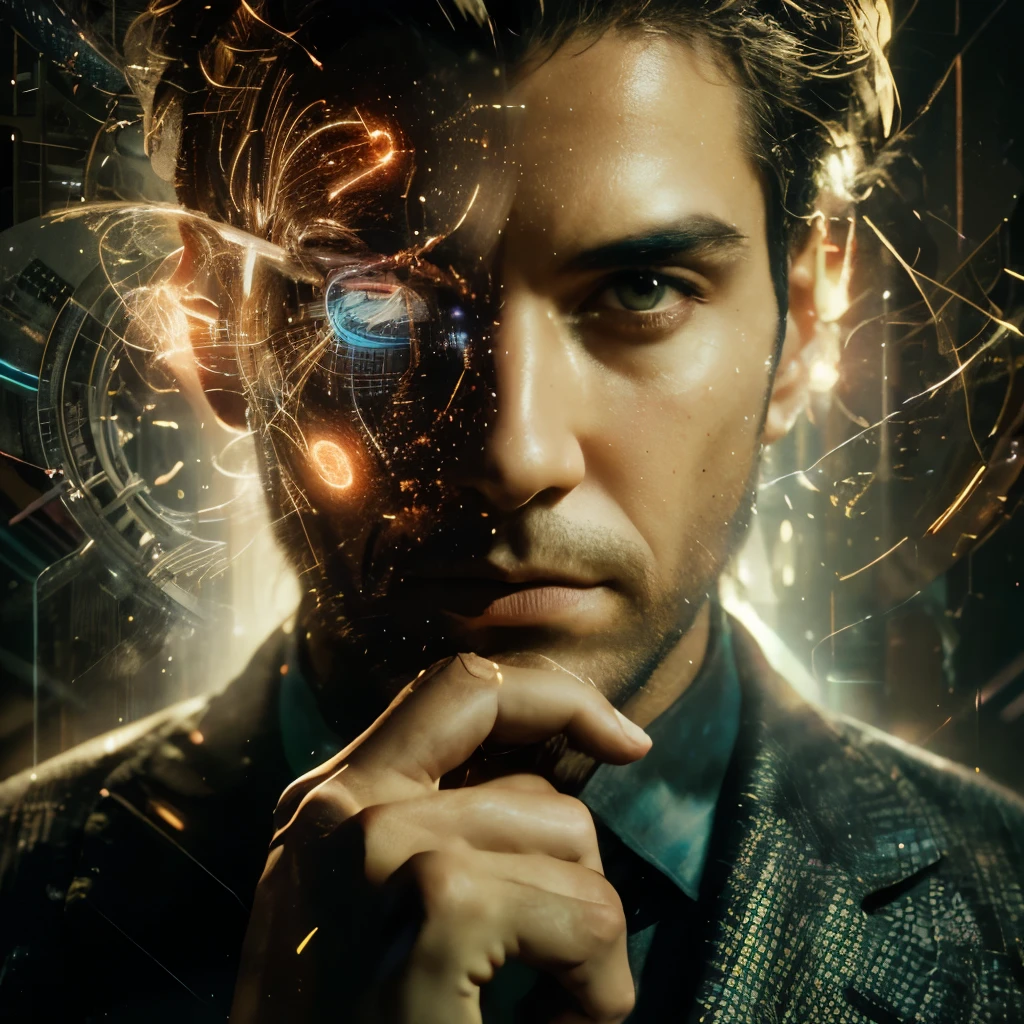a quantum light system thinker man, mystical, one man, intricate machinery, advanced technology, futuristic, digital art, cinematic lighting, dramatic shadows, glowing neon, vibrant colors, intricate details, photorealistic, 8k, highly detailed, hyper realistic, masterpiece, cinematic composition, dramatic atmosphere