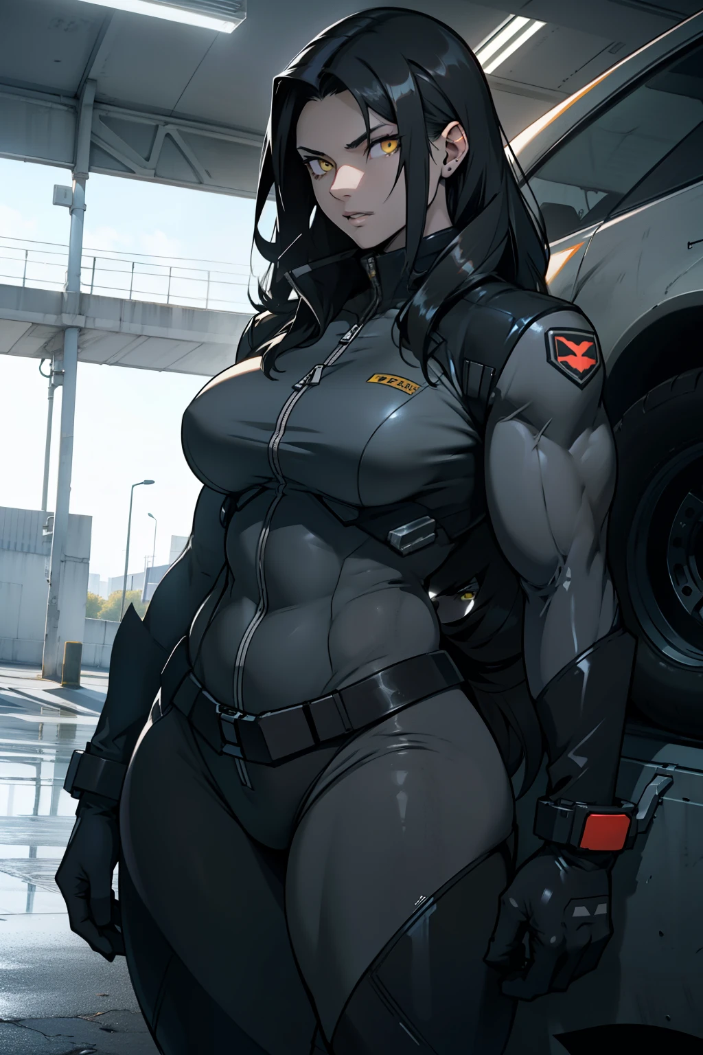 1 girl, black hair, yellow eyes, very long hair, pale skin, ((((extremely muscular)))), large breasts, curvy, concrete, shadow, dark atmosphere, (pilot suit), car