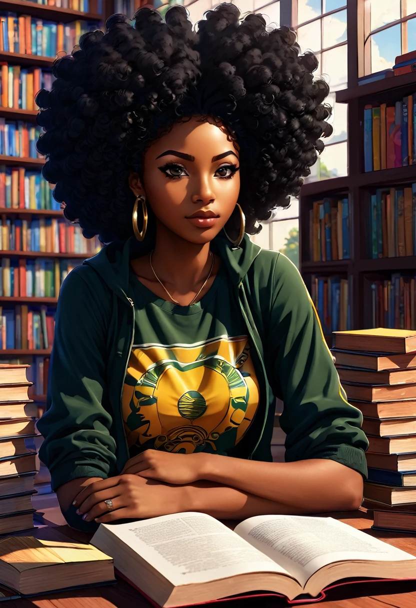 garota, negra, cabelo afro, anime, lendo livro, fundo escola, olhando para frente, written Black Consciousness.