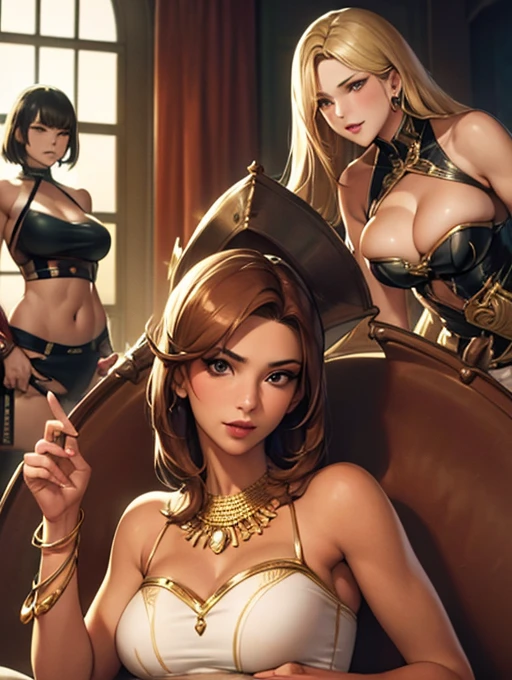 (Best Quality, 2k, Masterpiece, QHD: 1.3, A Handsome short haired african barbarian   man is surrounded by three women up against him touching him and gaze at him, at a mansion, wearing Tracksuits that show off body, perfect bodies, women: long flowing hair, flowers in hair, seductive, materials, golden hour, , jewelry, golden hour, photorealistic, masterpiece, in love, small grin, perfect faces, Flirtatious-groping 