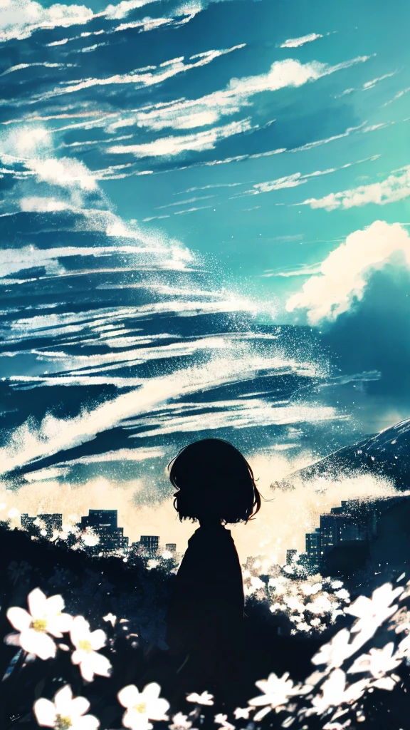 anime,silhouette,1girl, cloud, outdoors, skyscraper, city lights, blue sky, skyline,morning,waking,In nature,Mountain,Couple,Black and white only,The most interesting flower in the area