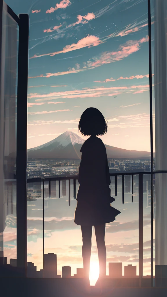 anime,silhouette,1girl, cloud, outdoors, skyscraper, city lights, blue sky, skyline,morning,waking,In nature,Mountain,Couple,Black and white only,The most interesting flower in the area