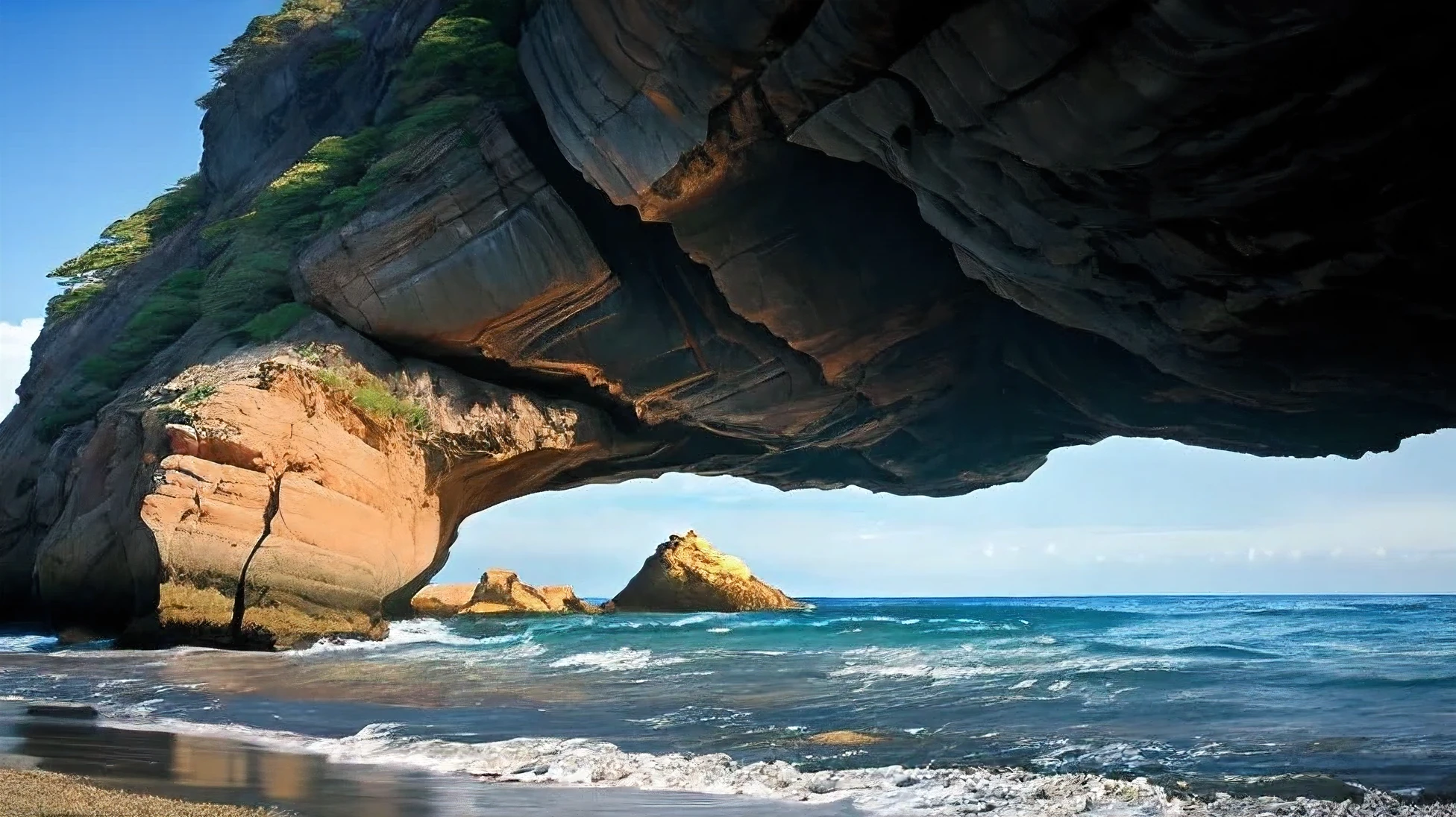 Imagine a serene beach with a tall rock standing 3 meters high. In the middle of this rock, there is a naturally formed hole, through which sunlight is gently streaming. The scene should capture the peaceful ambiance of the beach, with the sunlight creating a beautiful and ethereal effect as it passes through the hole in the rock. The surrounding area should include the sandy beach, gentle waves, and perhaps some vegetation to enhance the natural beauty of the scene. The overall mood should be tranquil and awe-inspiring, highlighting the natural wonder of the sunlight filtering through the rock