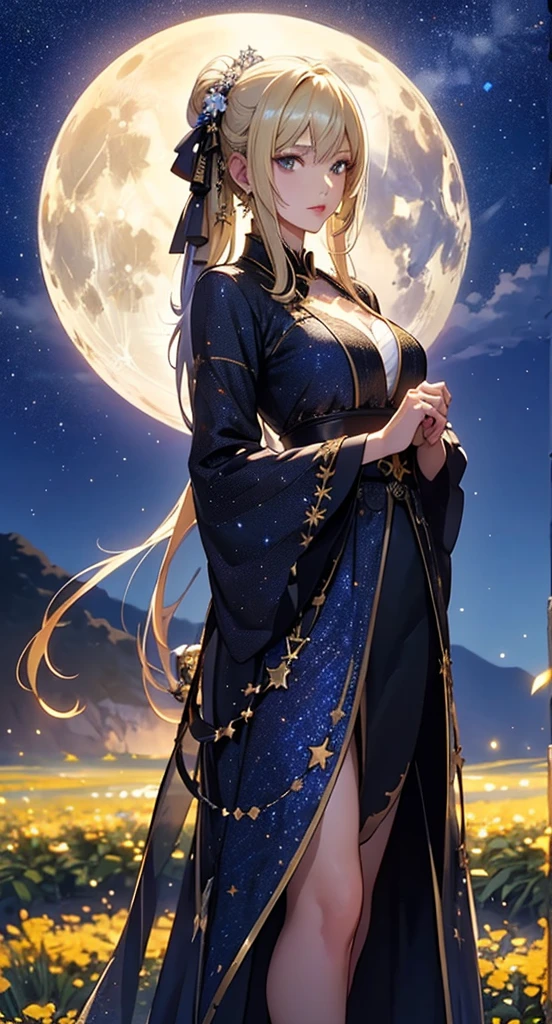 masterpiece, high quality, 4K, Beautiful design, silhouette,blonde, 非常に詳細な夜のStarry Sky,Flower Field, wonderful, Finer details, Very knowledgeable woman, Highly detailed solo, 1 female,Big Breasts, dress,Night view,Starry Sky,full moon,