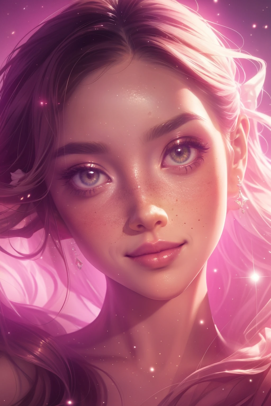 (This is a beautiful, intricate, (romatic) fantasy image that emphasizes beauty and grace.) Generate a blind curvy woman with soft natural freckles. Her face is important and should be (perfectly formed) with (beautiful puffy lips) and (perfect features). There is a cute freckle birthmark on her lip. The image exudes ethereal beauty and soft fantasy, with shimmering shades of pink throughout. Surround her with eternal roses in shimmering shades. Ensure perfection in her face, hair, and eyes. Include sweet and detailed birds and soft, luminous flowers and detailed roses. Utilize dynamic composition and dramatic lighting and cinematic lighting to create an interesting fantasy image. The background of the image is interesting and ultra-detailed, with soft fantasy lighting and gradients. Include fantasy details, cute aura, colorful, colourful, and interesting magical background. The image's background is decorated in shades of pink, shimmer, glitter, and fantasy details like colored bubbles and cosmos. Include subtle freckles, natural freckles and a diffused realistic skin tone. Incorporate elements of high fantasy, whimsy, and detailed elegance. English rose, princess, courtesan, noblewoman, sweet, lovely, calm, lovely, shimmering, glimmering, glittering, astrological fantasy, (((masterpiece))), (highest quality), magic rose, fantasy garden, beautiful face, perfect face, puffy lips, interesting, shy smile, fantasy elements, magic rose, beautiful eyes, perfect puffy lips, jewel tones, luminosity. Taken with a canon camera.