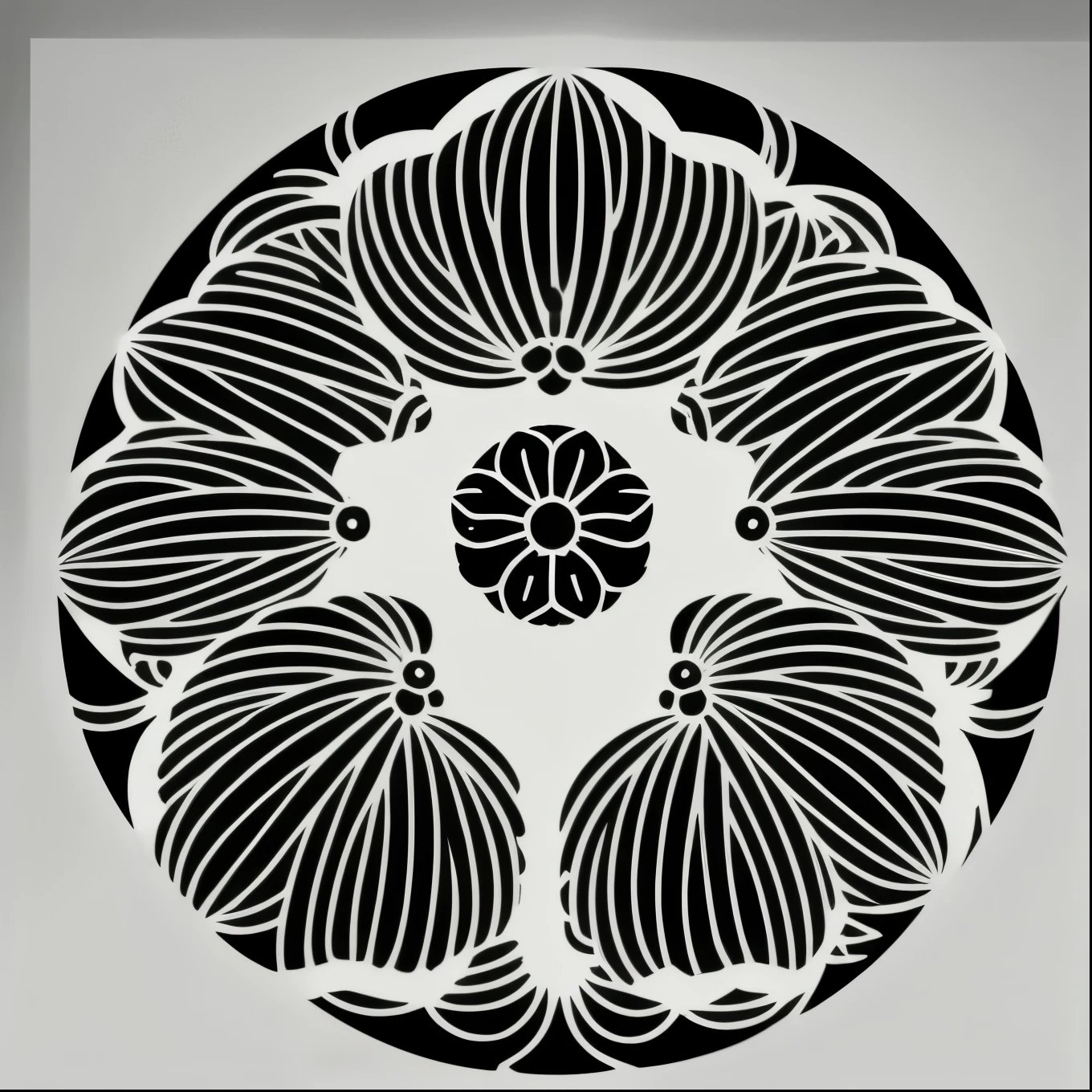 Japanese kamon crest, black and white,circular shape, simetrical, simple design, not intricated, not much details, single hydrangea motif