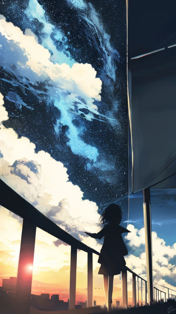 anime,silhouette,1girl, cloud, outdoors, skyscraper, city lights, blue sky, skyline,morning,waking,In nature,Mountain,Couple,Black and white only,The most interesting flower in the area