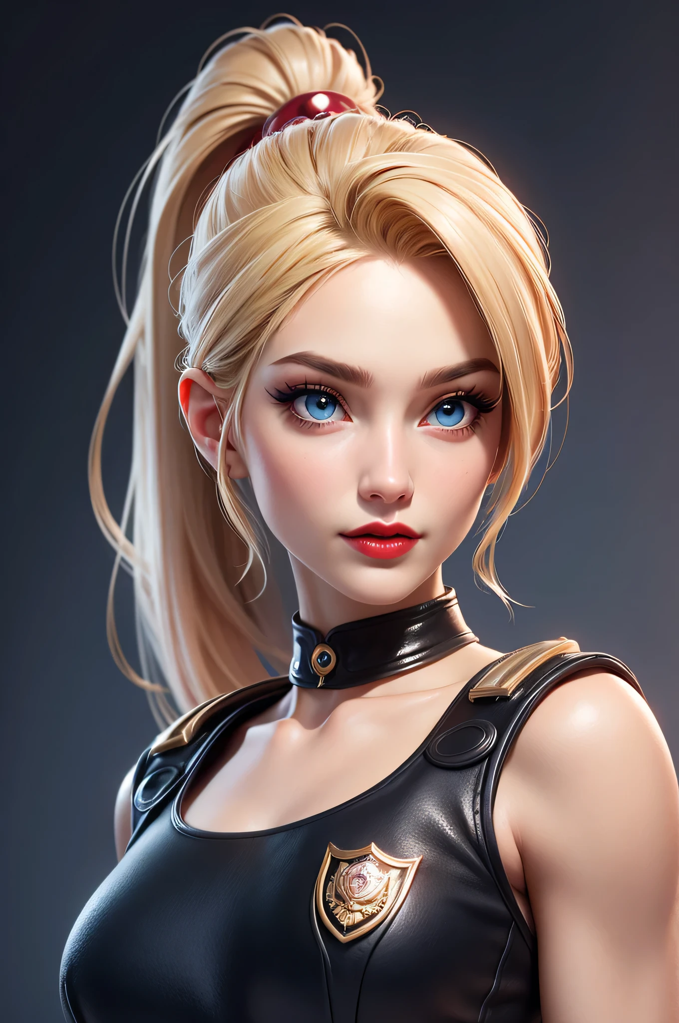 (masterpiece, best quality) 1.5, 1girl, solo, (sexy, beautiful woman, perfect face, perfect eyes), samus aran, black leather dress, (blue eyes, long blonde hair, ponytail)
