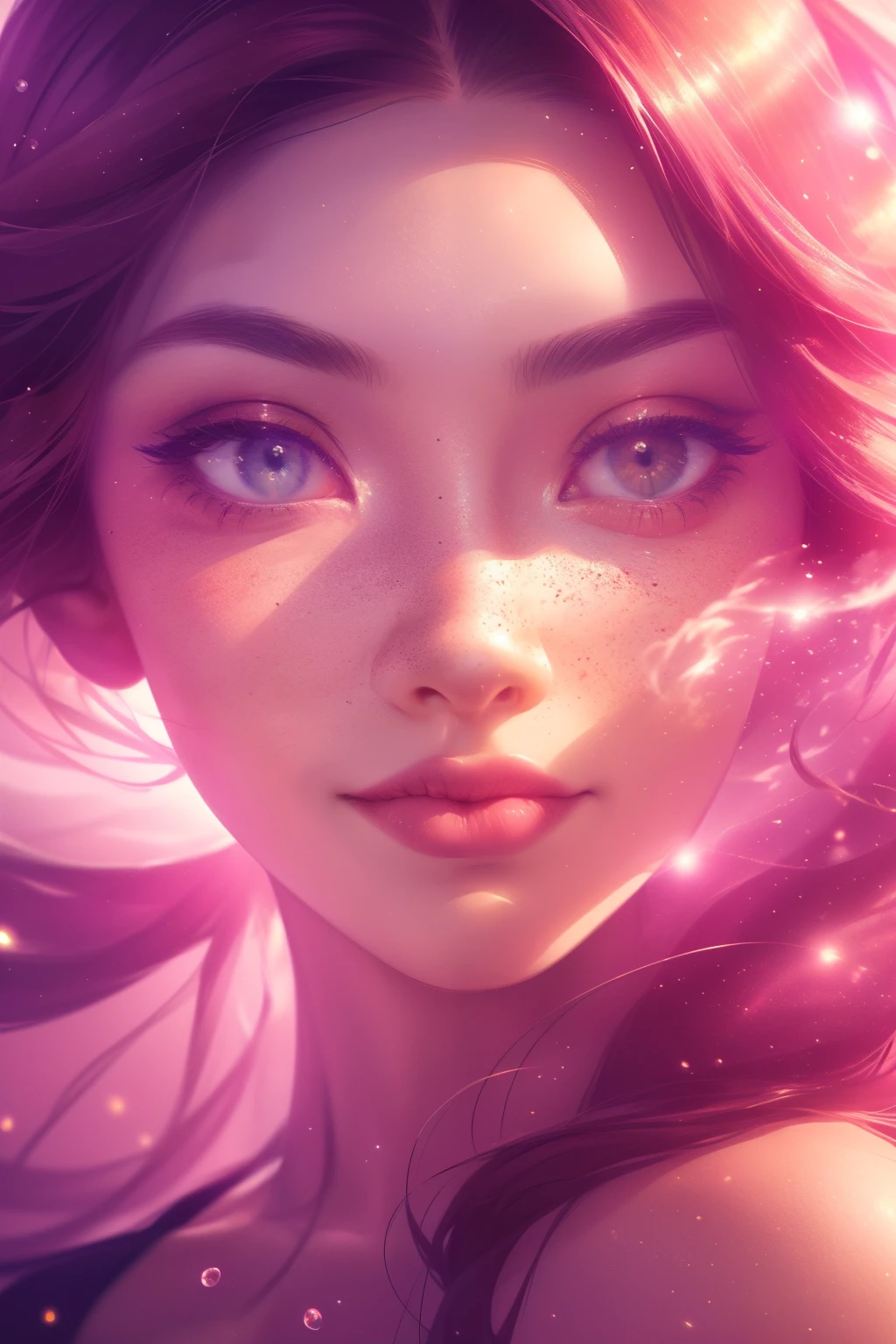 (This is a beautiful, intricate, (romatic) fantasy image that emphasizes beauty and grace.) Generate a blind curvy woman with soft natural freckles. Her face is important and should be (perfectly formed) with (beautiful puffy lips) and (perfect features). There is a cute freckle birthmark on her lip. The image exudes ethereal beauty and soft fantasy, with shimmering shades of pink throughout. Surround her with eternal roses in shimmering shades. Ensure perfection in her face, hair, and eyes. Include sweet and detailed birds and soft, luminous flowers and detailed roses. Utilize dynamic composition and dramatic lighting and cinematic lighting to create an interesting fantasy image. The background of the image is interesting and ultra-detailed, with soft fantasy lighting and gradients. Include fantasy details, cute aura, colorful, colourful, and interesting magical background. The image's background is decorated in shades of pink, shimmer, glitter, and fantasy details like colored bubbles and cosmos. Include subtle freckles, natural freckles and a diffused realistic skin tone. Incorporate elements of high fantasy, whimsy, and detailed elegance. English rose, princess, courtesan, noblewoman, sweet, lovely, calm, lovely, shimmering, glimmering, glittering, astrological fantasy, (((masterpiece))), (highest quality), magic rose, fantasy garden, beautiful face, perfect face, puffy lips, interesting, shy smile, fantasy elements, magic rose, beautiful eyes, perfect puffy lips, jewel tones, luminosity. Taken with a canon camera.