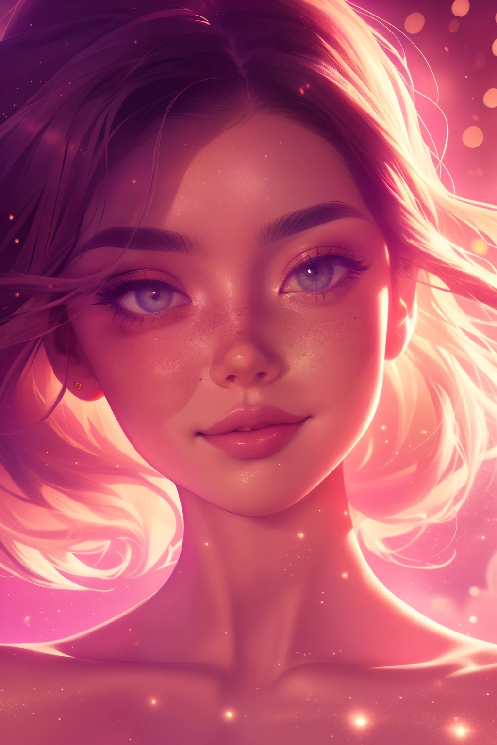 (This is a beautiful, intricate, (romatic) fantasy image that emphasizes beauty and grace.) Generate a blind curvy woman with soft natural freckles. Her face is important and should be (perfectly formed) with (beautiful puffy lips) and (perfect features). There is a cute freckle birthmark on her lip. The image exudes ethereal beauty and soft fantasy, with shimmering shades of pink throughout. Surround her with eternal roses in shimmering shades. Ensure perfection in her face, hair, and eyes. Include sweet and detailed birds and soft, luminous flowers and detailed roses. Utilize dynamic composition and dramatic lighting and cinematic lighting to create an interesting fantasy image. The background of the image is interesting and ultra-detailed, with soft fantasy lighting and gradients. Include fantasy details, cute aura, colorful, colourful, and interesting magical background. The image's background is decorated in shades of pink, shimmer, glitter, and fantasy details like colored bubbles and cosmos. Include subtle freckles, natural freckles and a diffused realistic skin tone. Incorporate elements of high fantasy, whimsy, and detailed elegance. English rose, princess, courtesan, noblewoman, sweet, lovely, calm, lovely, shimmering, glimmering, glittering, astrological fantasy, (((masterpiece))), (highest quality), magic rose, fantasy garden, beautiful face, perfect face, puffy lips, interesting, shy smile, fantasy elements, magic rose, beautiful eyes, perfect puffy lips, jewel tones, luminosity. Taken with a canon camera.