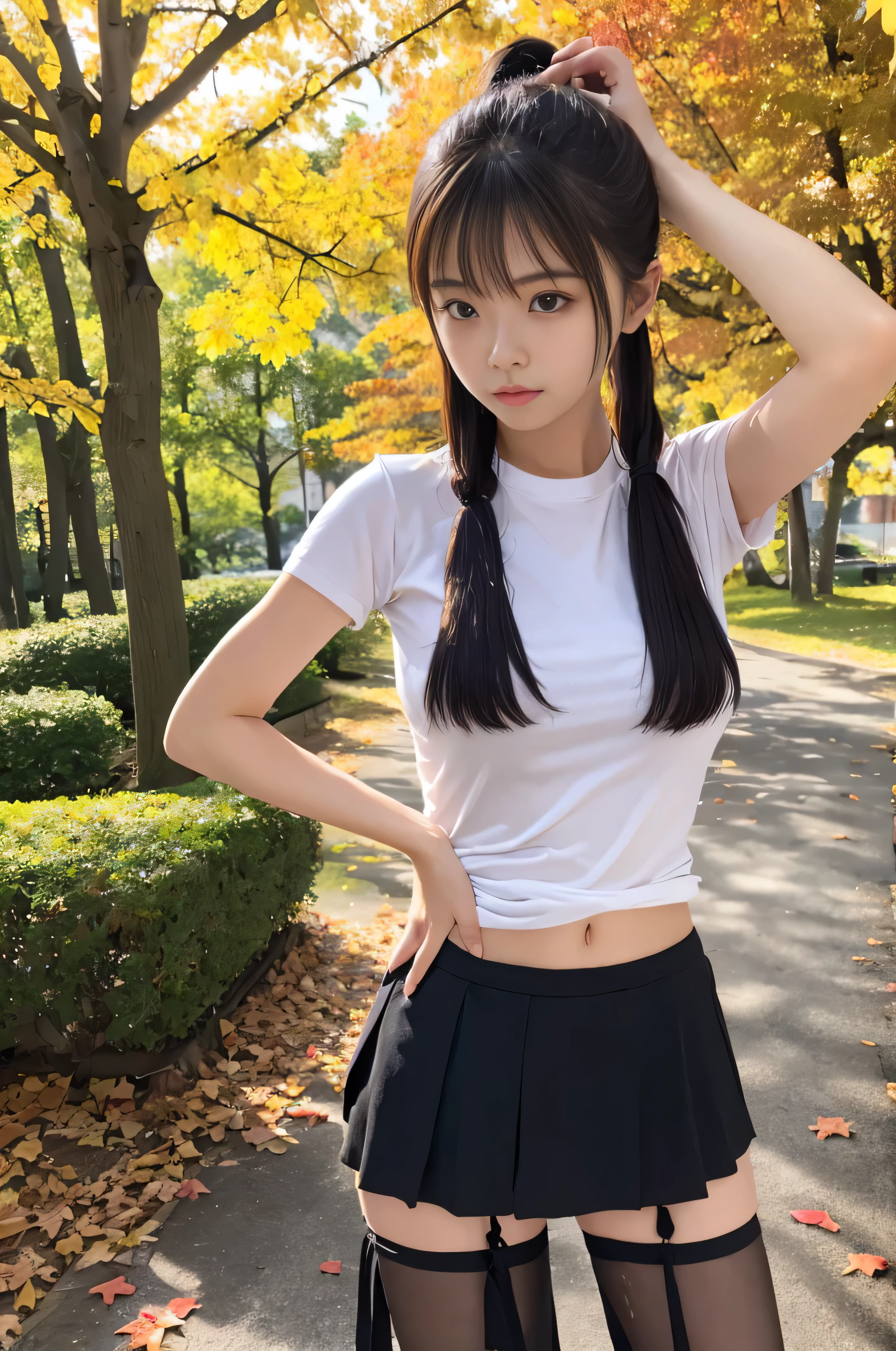 young,(mini skirt),T-Shirts,Teenage Girls,Delicate body, body,Delicate body,short,Black-haired,Twin tails,ponytail,Masseter muscle area、sottle Woman、shortcut、Large Breasts、Natural color clothes、Natural look、highest quality、Ultra-detailed、High quality details、8k、autumn leaves:1.5、deep autumn forest、Tree leaking day、silence