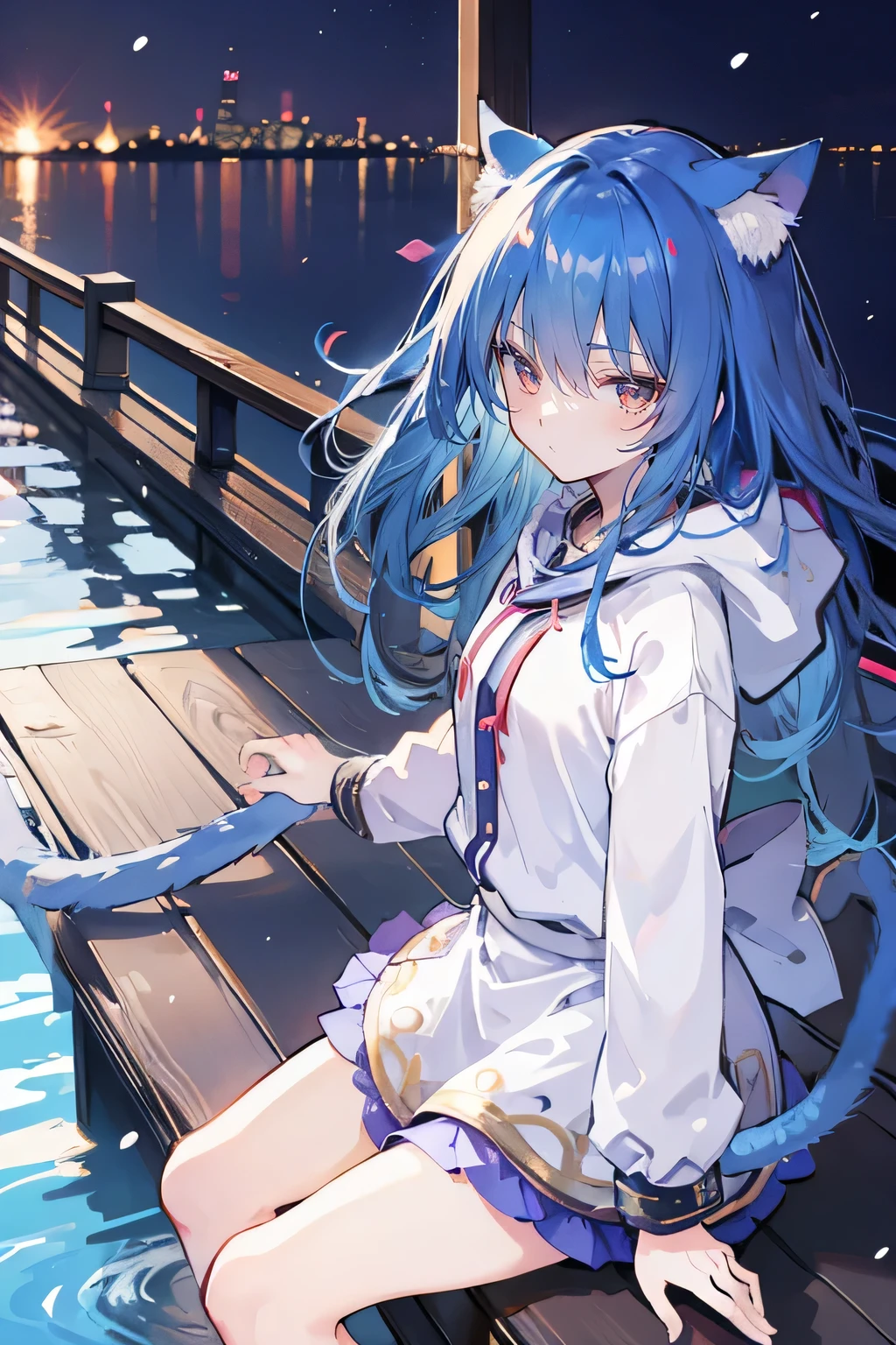 （masterpiece：1.2），Super detailed，lifelike，Expressive eyes，fair skin，perfect face shape，1 girl，
Japanese comics,Gorgeous blue hair,flowing blue hair,flowing clothes,Cat ears,Petals fall,beautiful lola,Baby Angel,
Shaking head with one hand，Cross your legs，Gentle and peaceful background，The pavilion is cool and comfortable,smile, wearing hoodie, background of tokyo,back views,snowing, winter,lie on the water. 