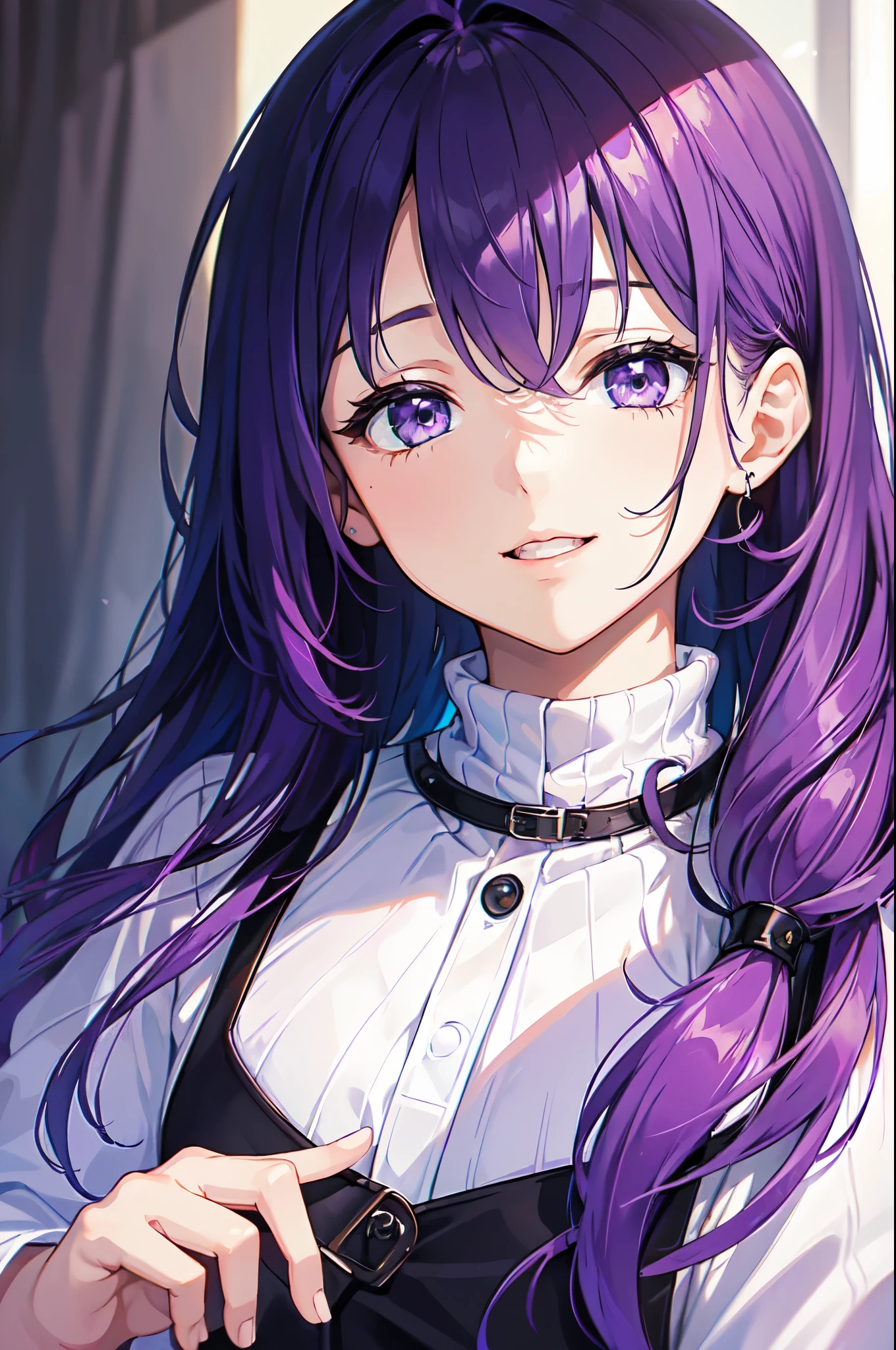 (T masterpiece，4K wallpaper，highest quality))、((girl１people々))、(一peopleで)、Bright and brilliant，(Purple Hair)、(Shortcuts:1.3)、smile、Bedroom、sweater、morning