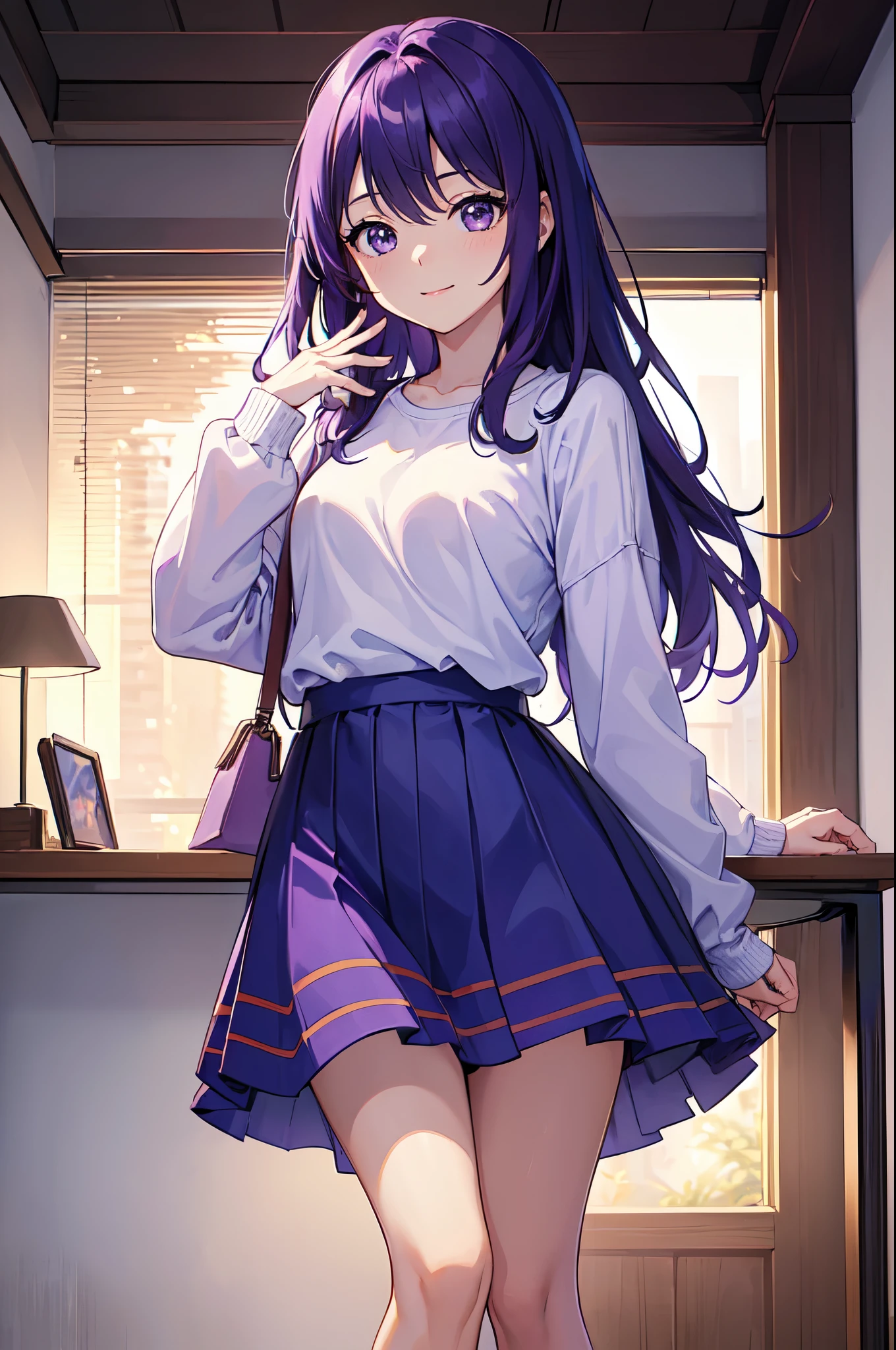 (T masterpiece，4K wallpaper，highest quality))、((girl１people々))、(一peopleで)、Bright and brilliant，(Purple Hair)、(Shortcuts:1.3)、smile、Bedroom、sweater、morning